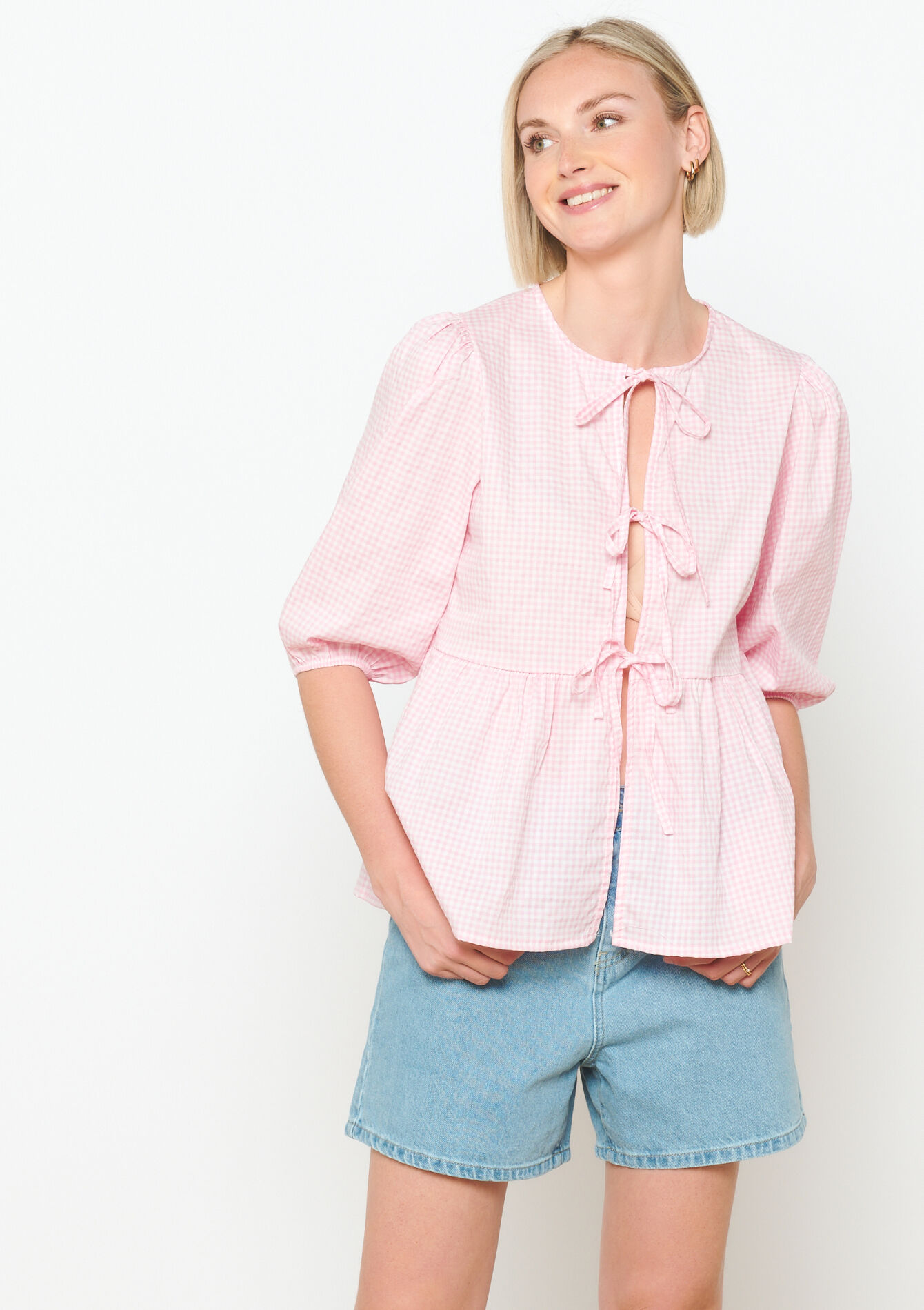Blouse en vichy avec noeuds, Blouse en vichy avec noeuds - LIGHT PINK - 05702520_1303