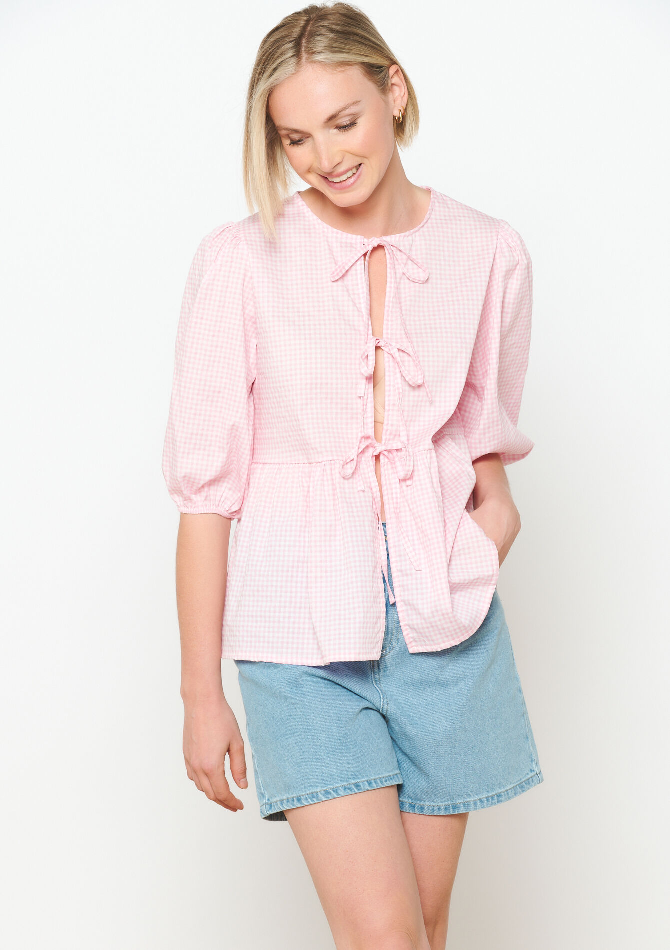 Blouse en vichy avec noeuds, Blouse en vichy avec noeuds - LIGHT PINK - 05702520_1303