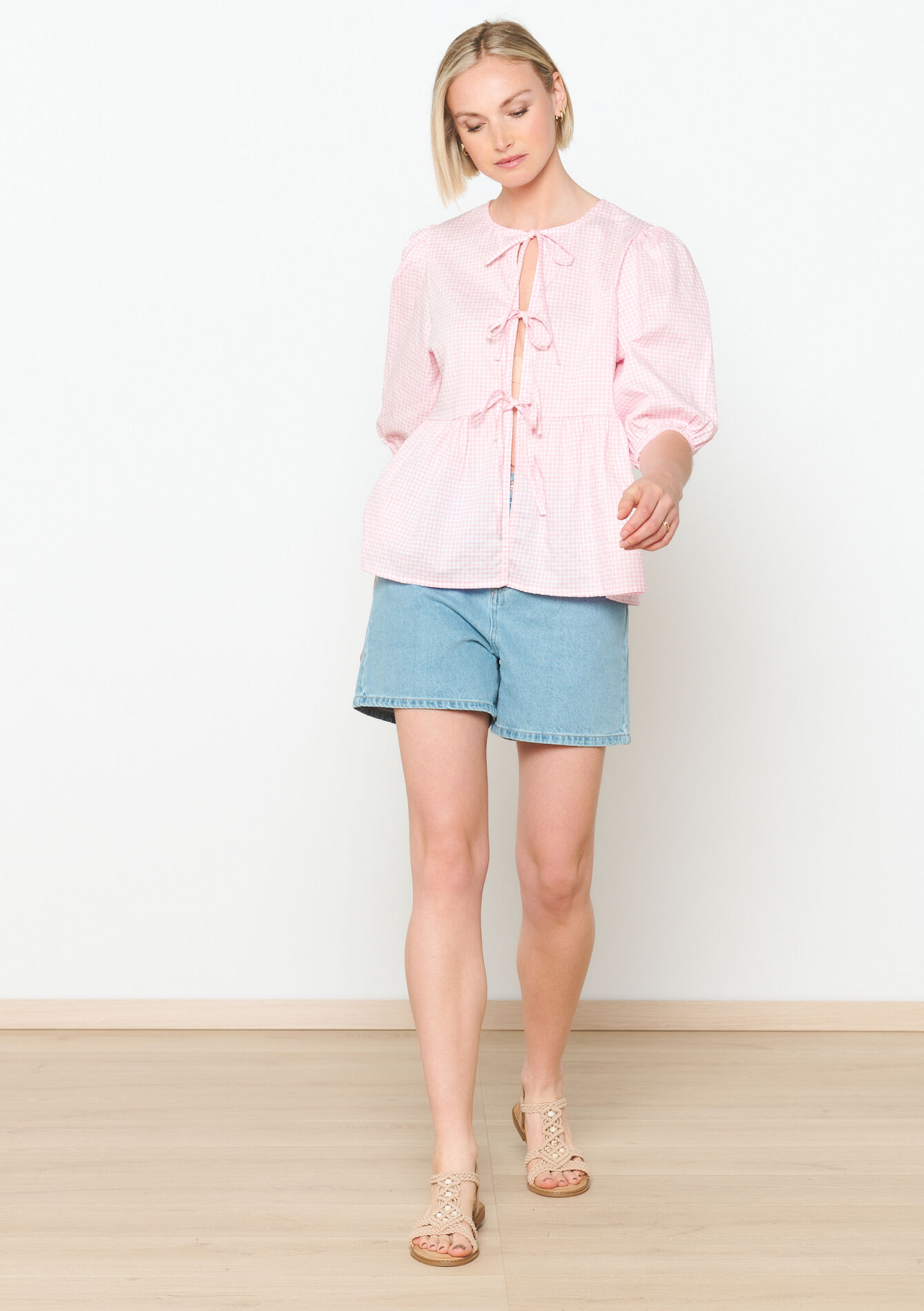 Blouse en vichy avec noeuds, Blouse en vichy avec noeuds - LIGHT PINK - 05702520_1303