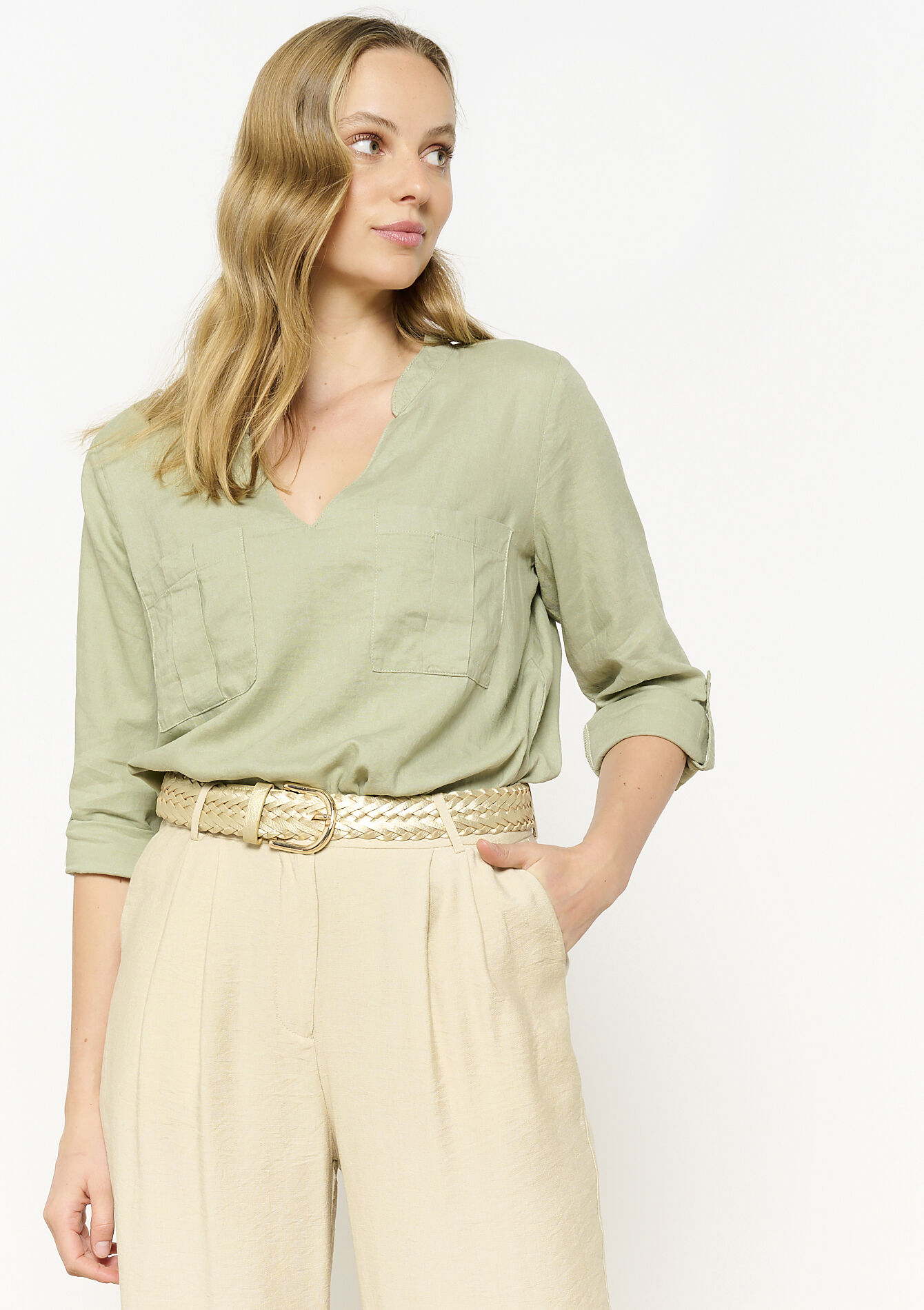Blouse col tunisien fluide, undefined - KHAKI MINT - undefined