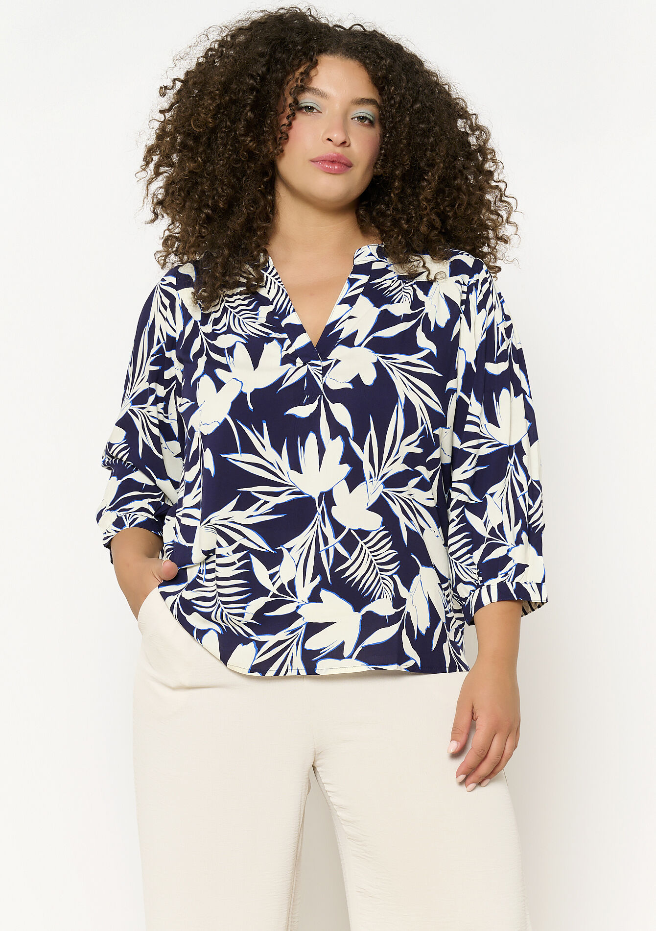 Blouse imprimée feuillage, undefined - NAVY BASIC - undefined