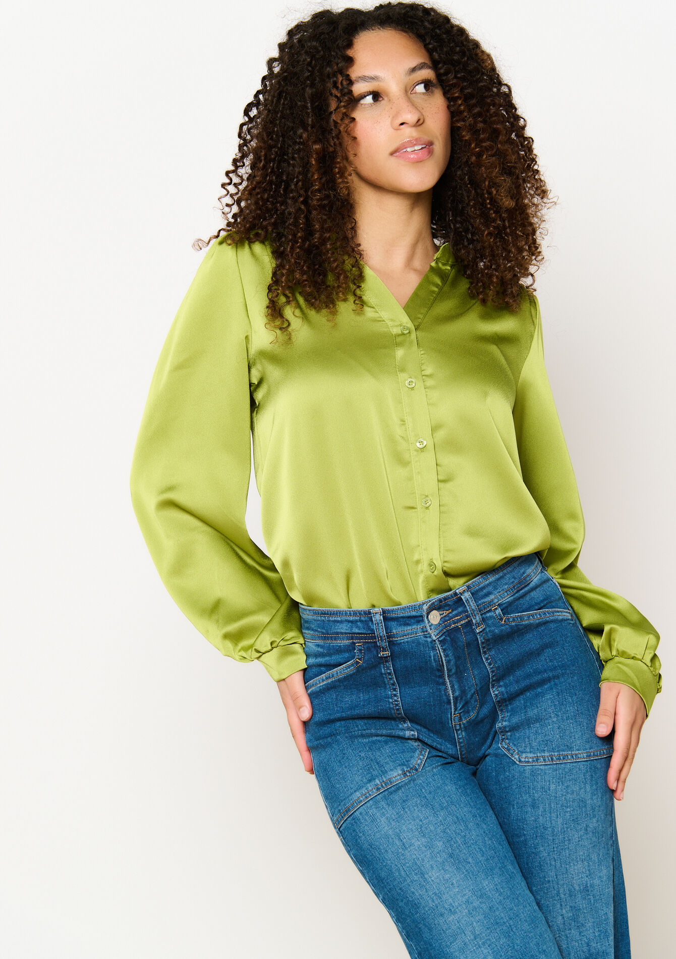 Satin long-sleeved shirt, undefined - GREEN MOSS - undefined