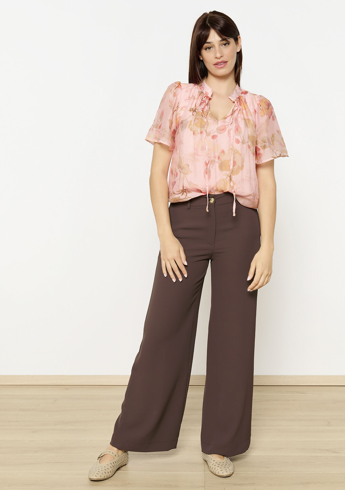 Floral tie-neck fluid blouse, Floral tie-neck fluid blouse - LIGHT PINK - 05702803_1303