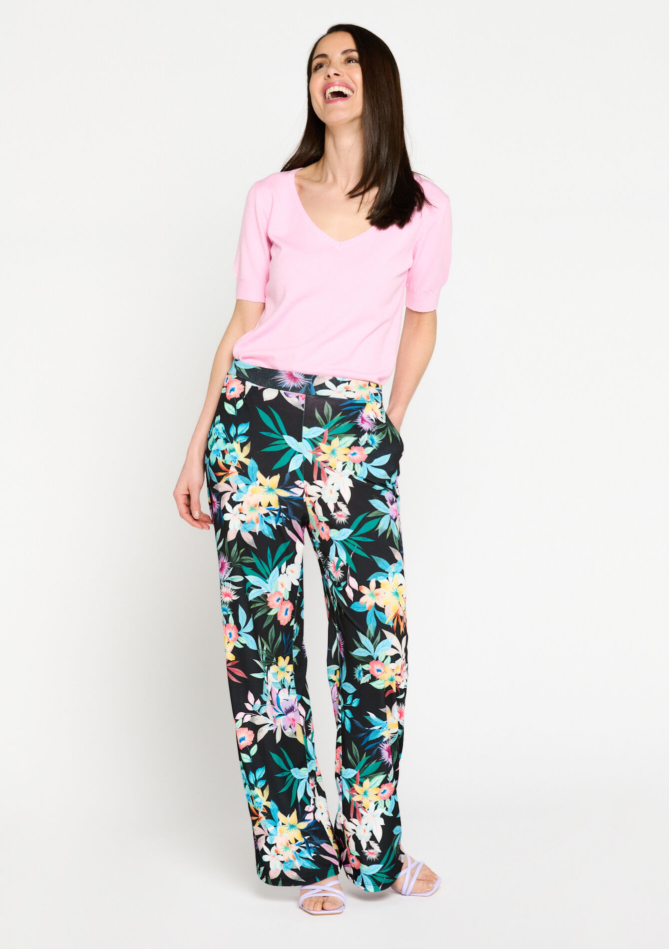Wijde broek met tropische print, Wijde broek met tropische print, , back