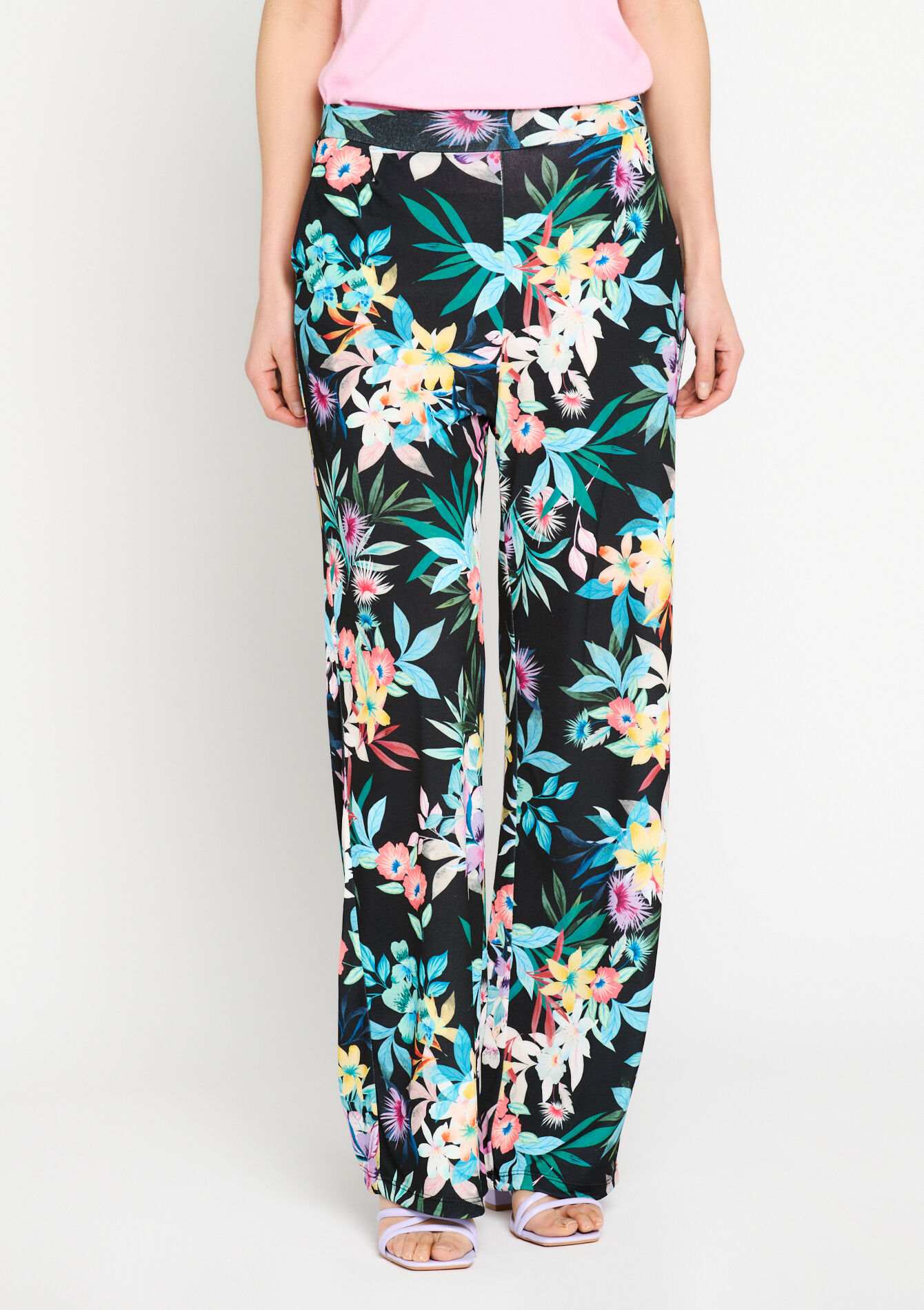 Wide trousers with tropical print, undefined - BLACK - undefined