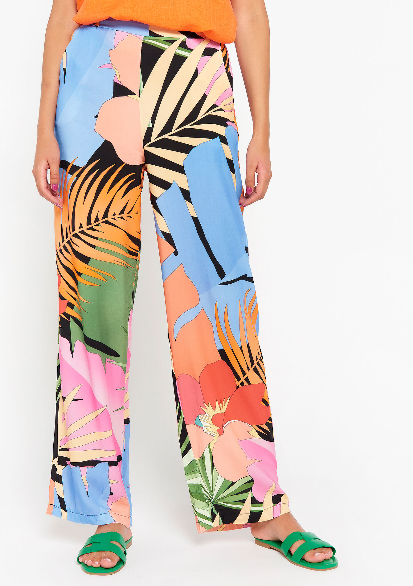 Wijde broek met tropische print, Wijde broek met tropische print - NAVY BASIC - 06600767_2723