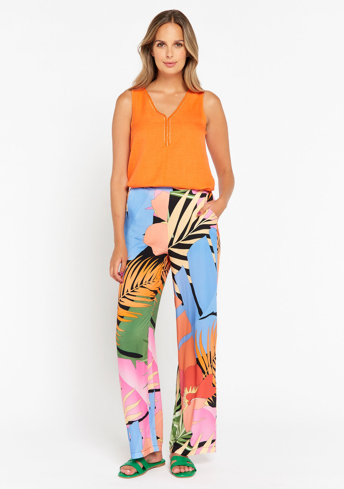 Wijde broek met tropische print, Wijde broek met tropische print - NAVY BASIC - 06600767_2723