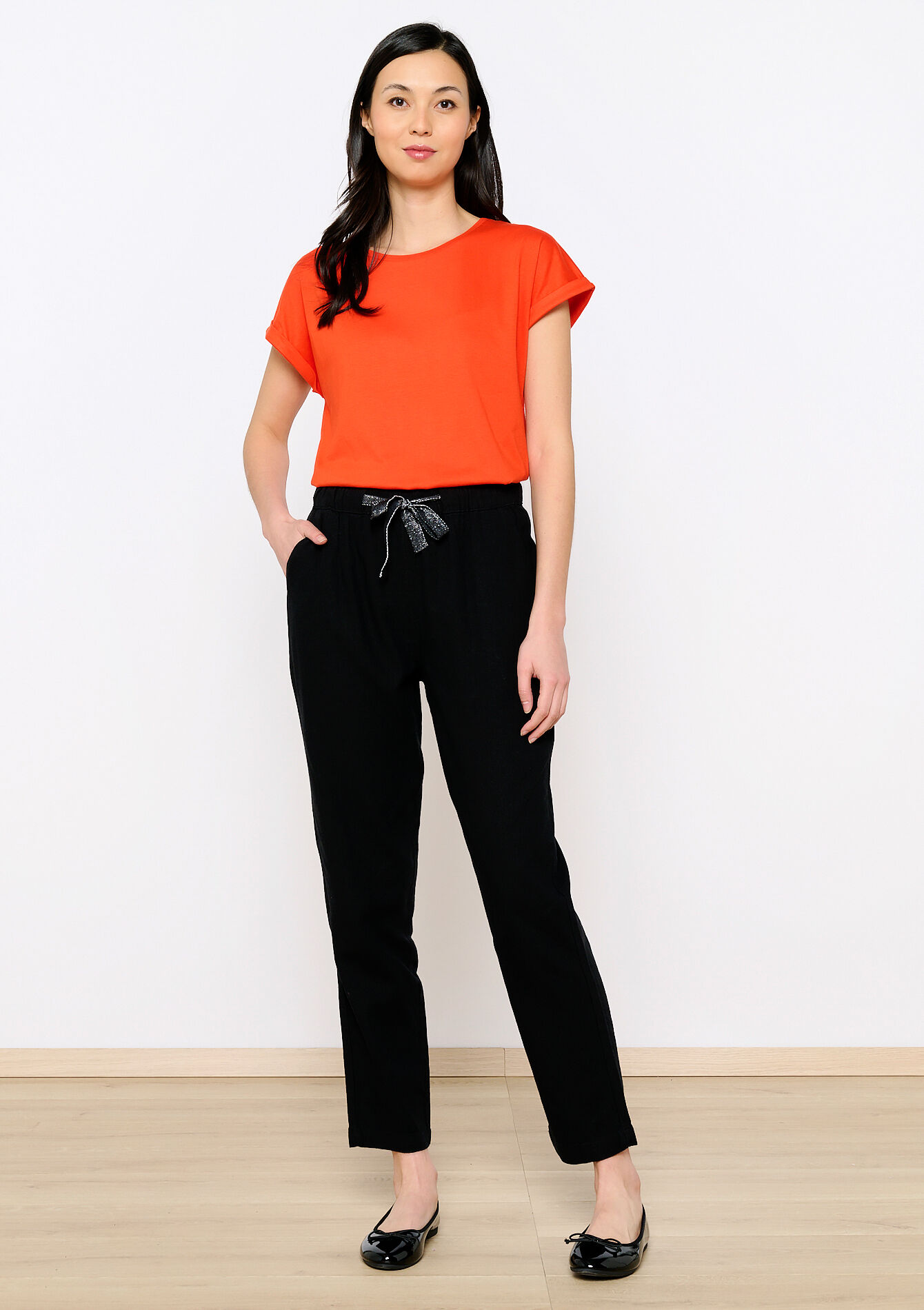Pantalon jogger en lin, Pantalon jogger en lin - BLACK - 06600801_1119