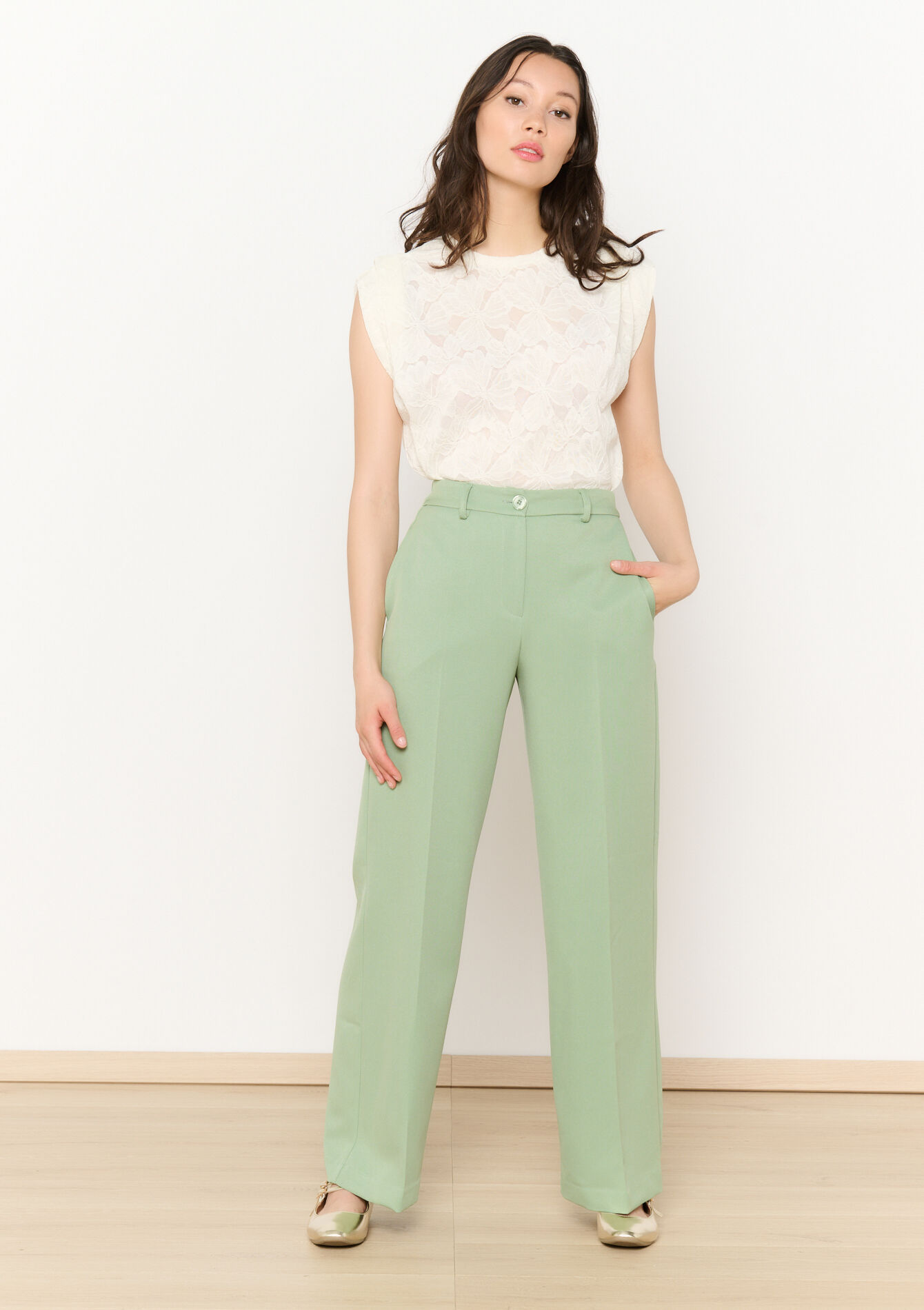 Pantalon évasé en sergé, Pantalon évasé en sergé - MINT GREEN - 06600957_1723