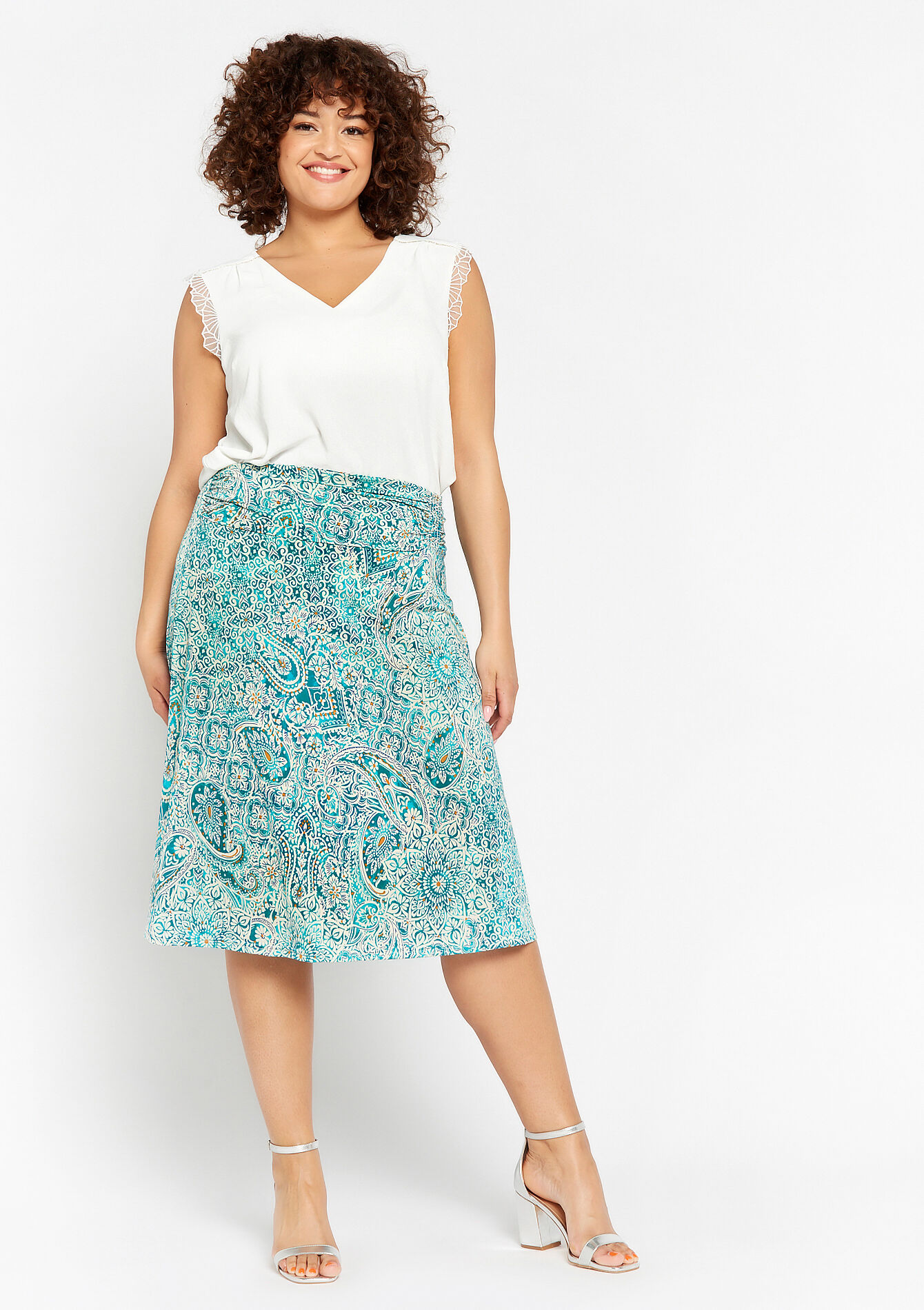 Midi skirt with paisley print, Midi skirt with paisley print - TURQUOISE - 07101103_1759