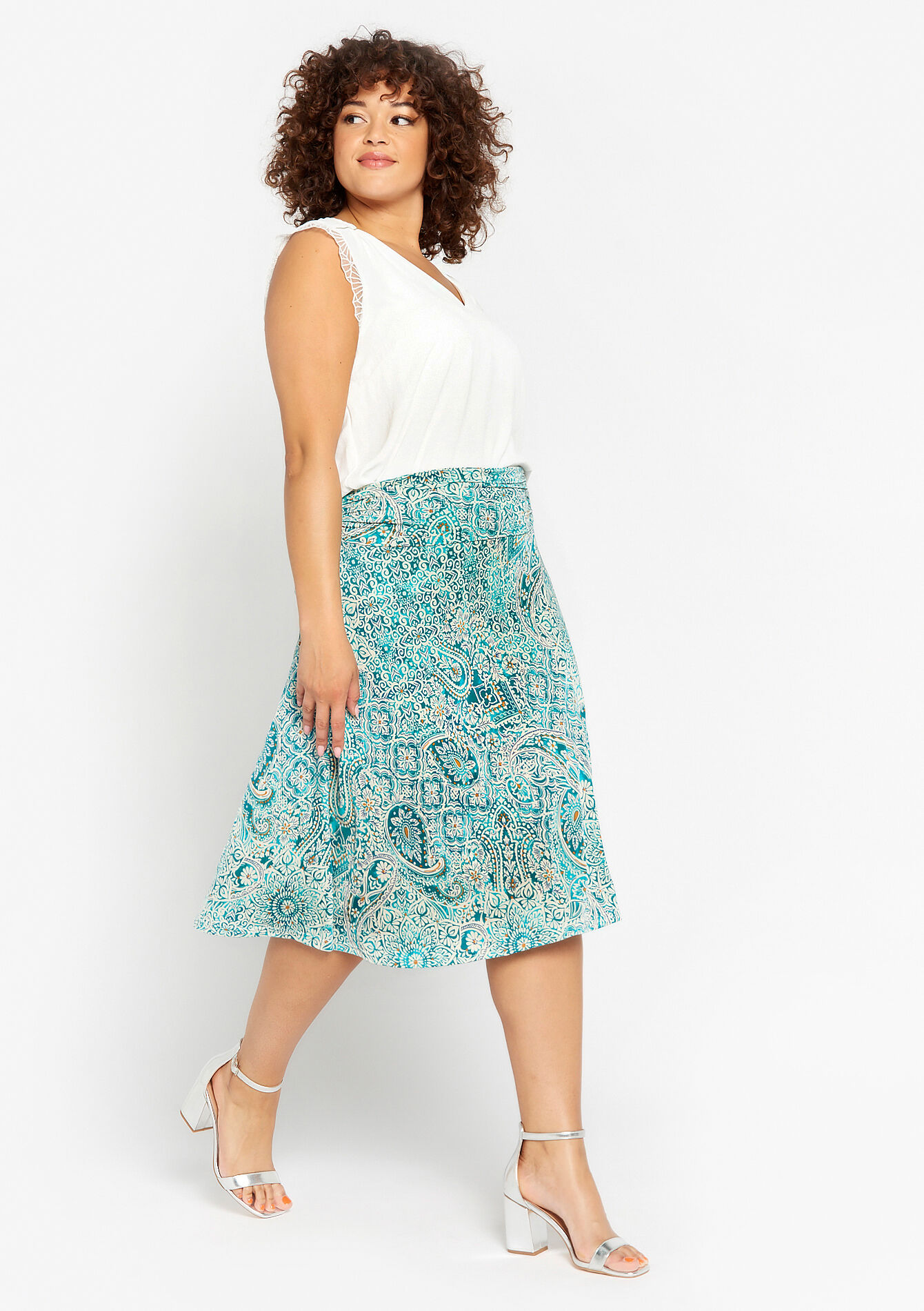 Midi skirt with paisley print, Midi skirt with paisley print - TURQUOISE - 07101103_1759