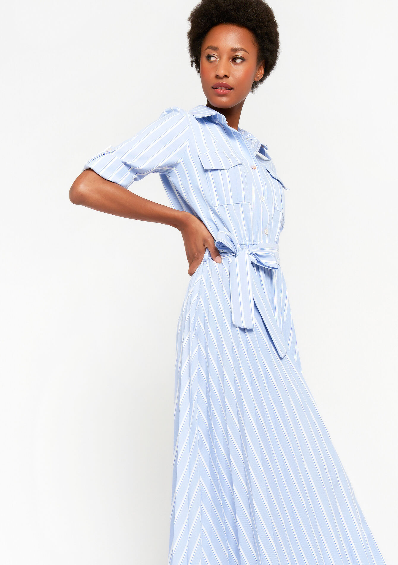 Midi overhemd jurk met strepen, Midi overhemd jurk met strepen - BLUE BABY - 08102465_1699