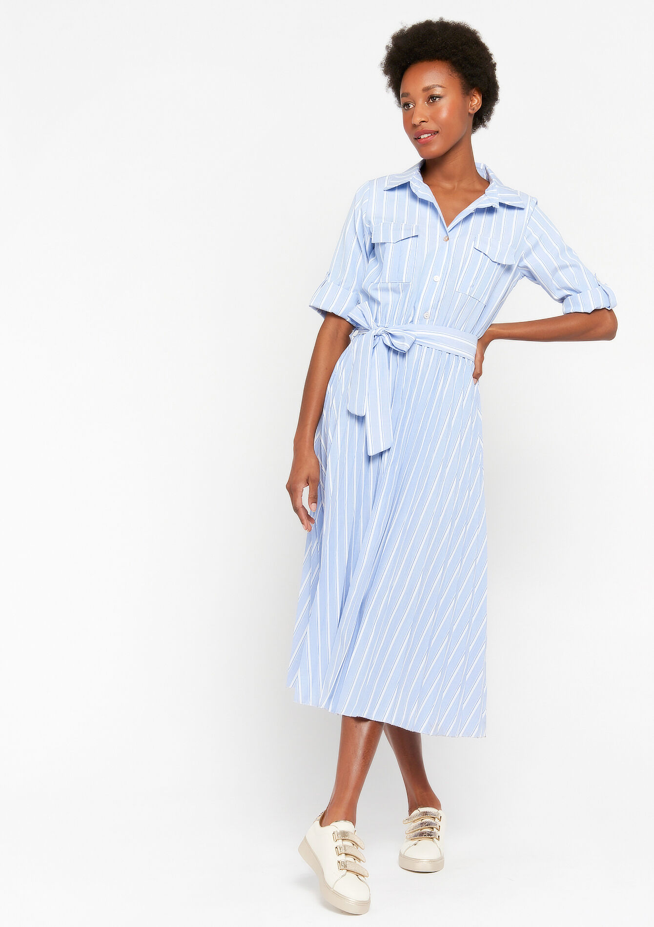 Midi overhemd jurk met strepen, Midi overhemd jurk met strepen - BLUE BABY - 08102465_1699
