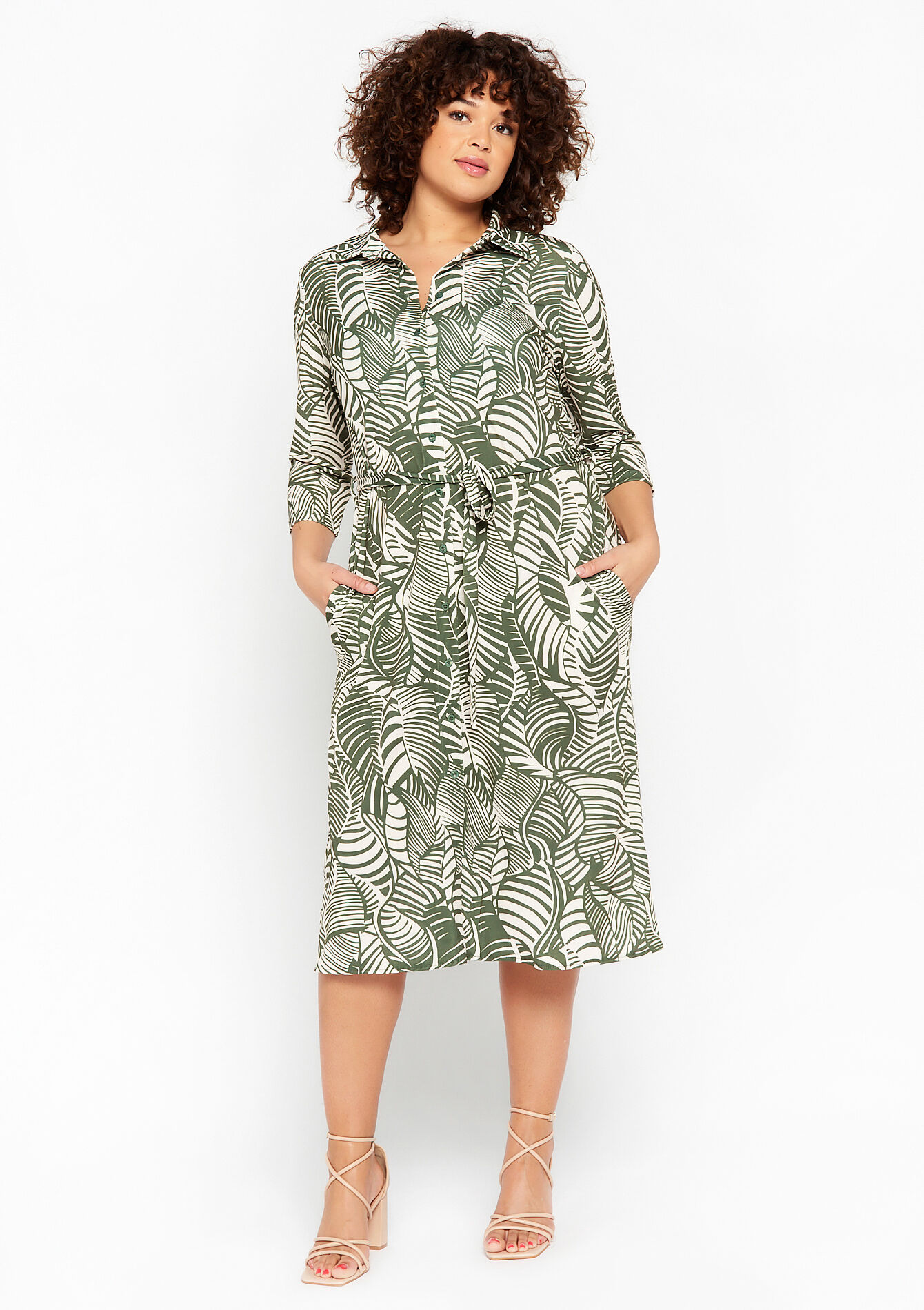 Shirt dress with leaf print, Shirt dress with leaf print - KHAKI MED - 08103202_4327