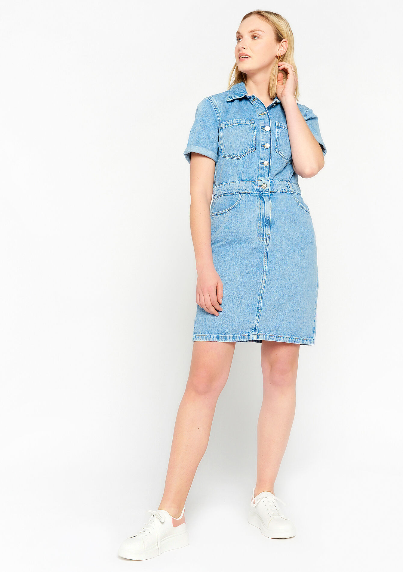 Short denim dress, undefined - BLUE BLEACHED - undefined