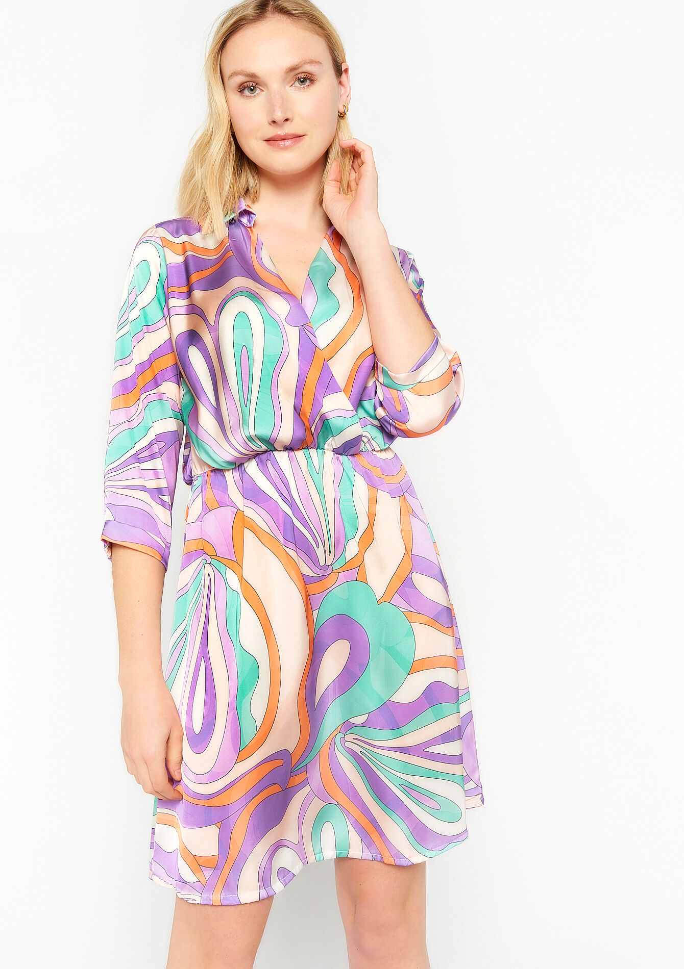 Satin wrap dress with retro print, Satin wrap dress with retro print, , back