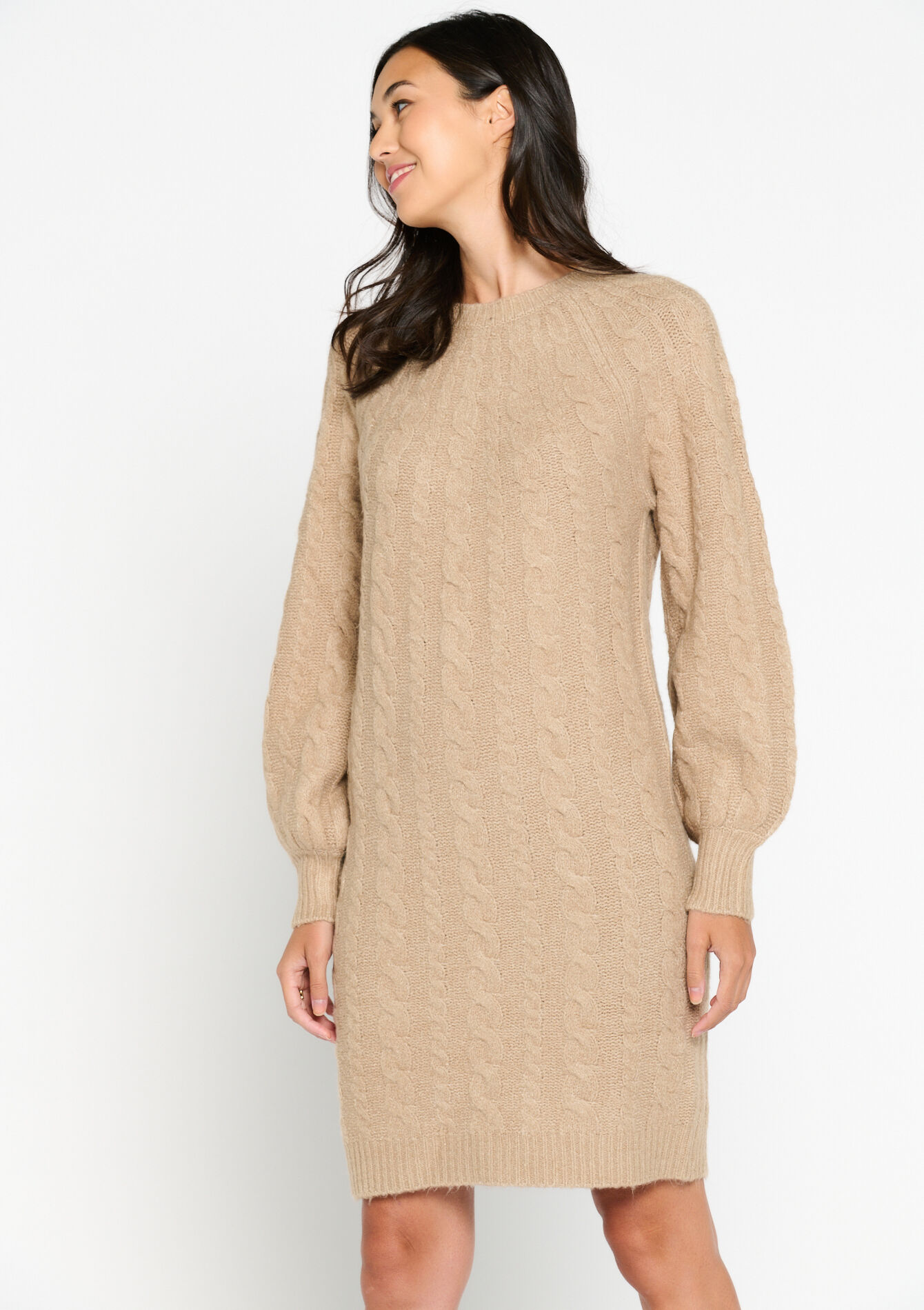 Knitted dress with cables, undefined - TAUPE - undefined