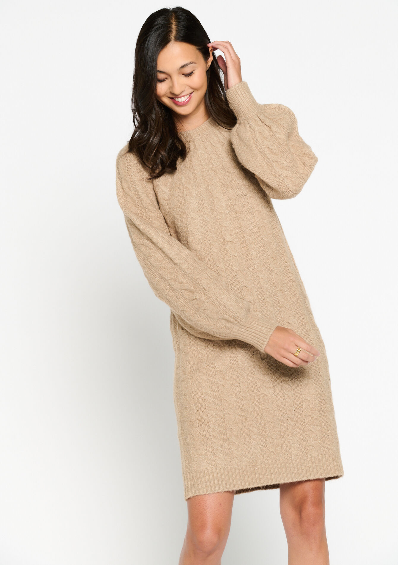 Knitted dress with cables, undefined - TAUPE - undefined