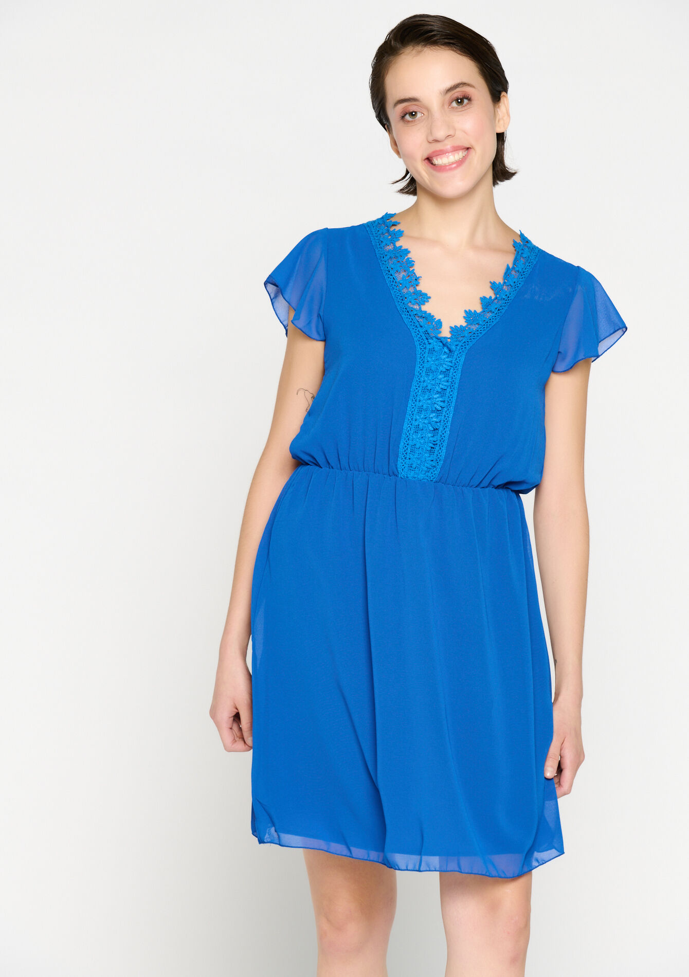 Straight dress with guipure lace, undefined - ELECTRIC BLUE - undefined