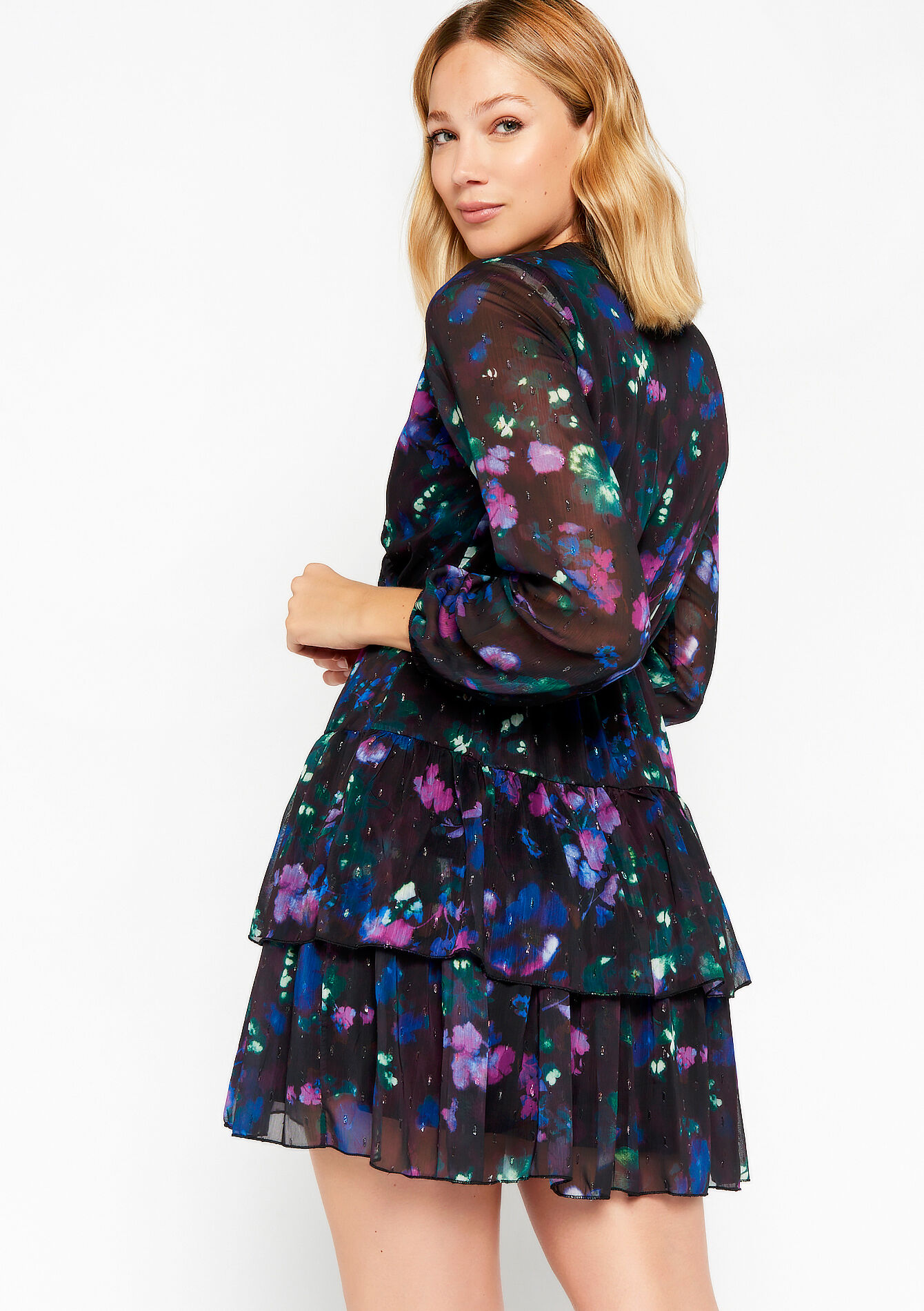 Robe à imprimé fleuri flou avec lurex, Robe à imprimé fleuri flou avec lurex - BLACK - 08103392_1119