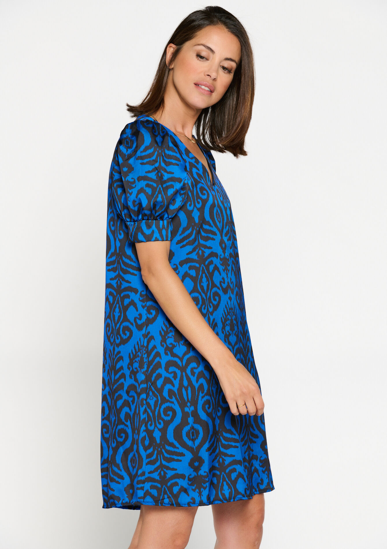 Satin dress with print, undefined - ELECTRIC BLUE - undefined
