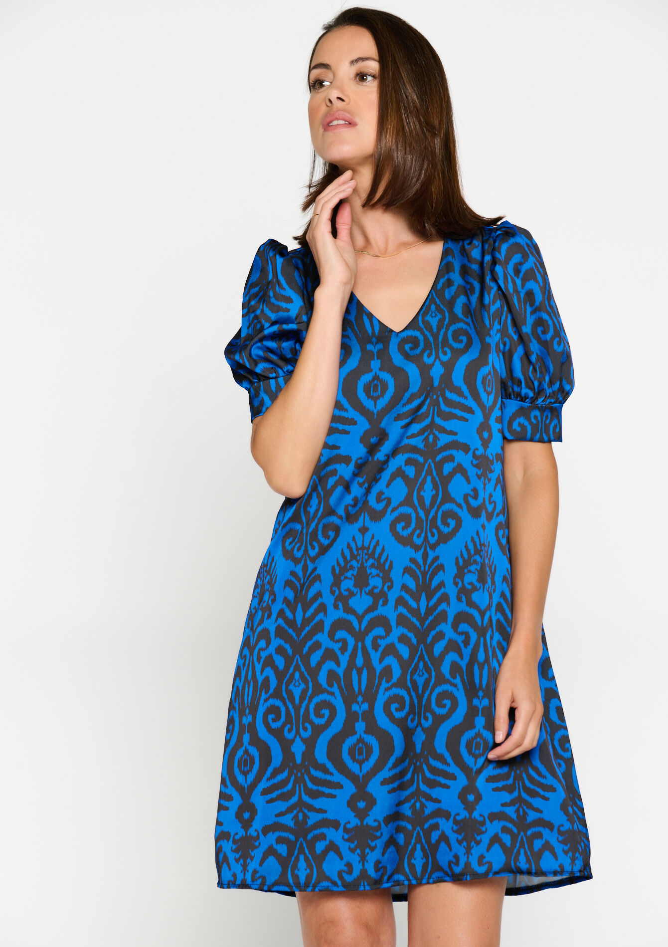 Satin dress with print, undefined - ELECTRIC BLUE - undefined