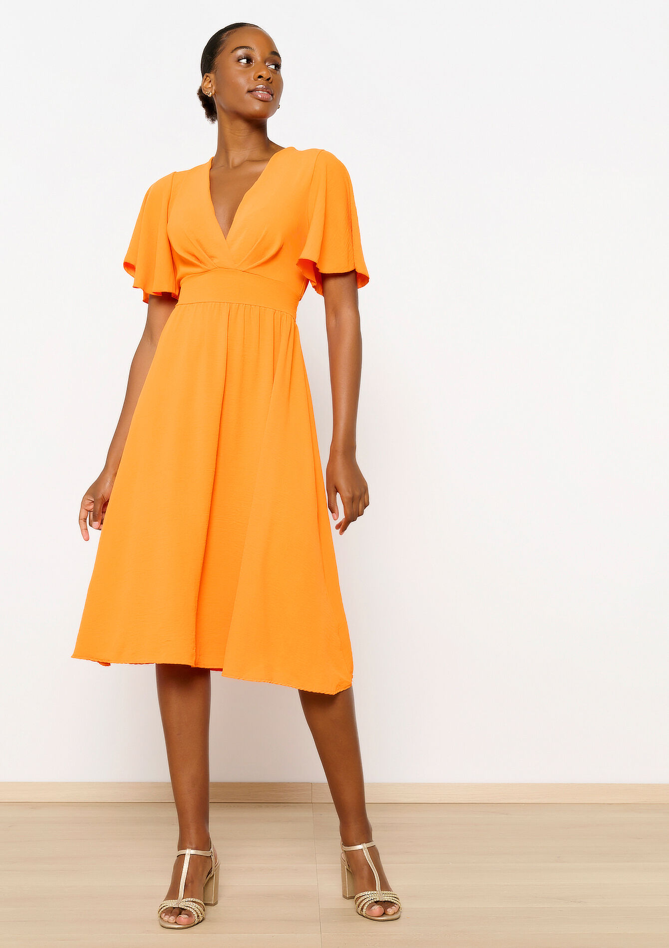 Midi-jurk met V-hals, Midi-jurk met V-hals - BRIGHT ORANGE - 08103534_088
