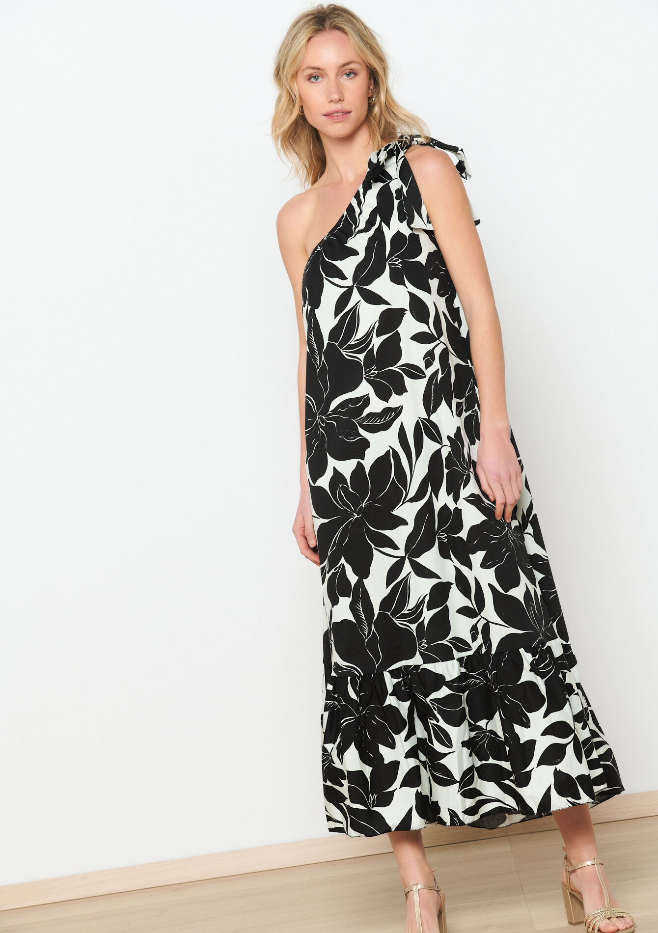 One-shoulderjurk met bloemenprint, undefined - VANILLA WHITE - undefined