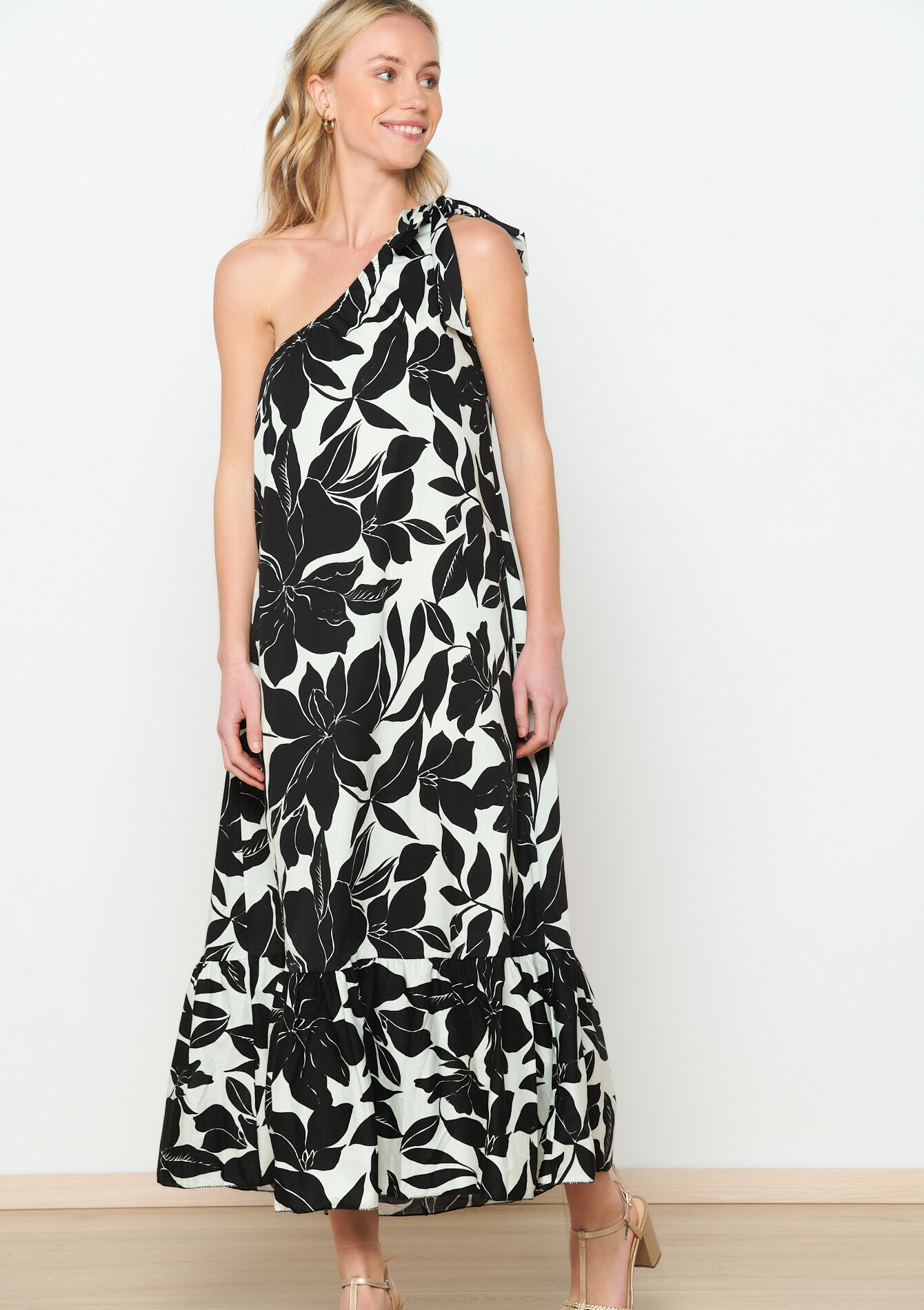 One-shoulderjurk met bloemenprint, undefined - VANILLA WHITE - undefined