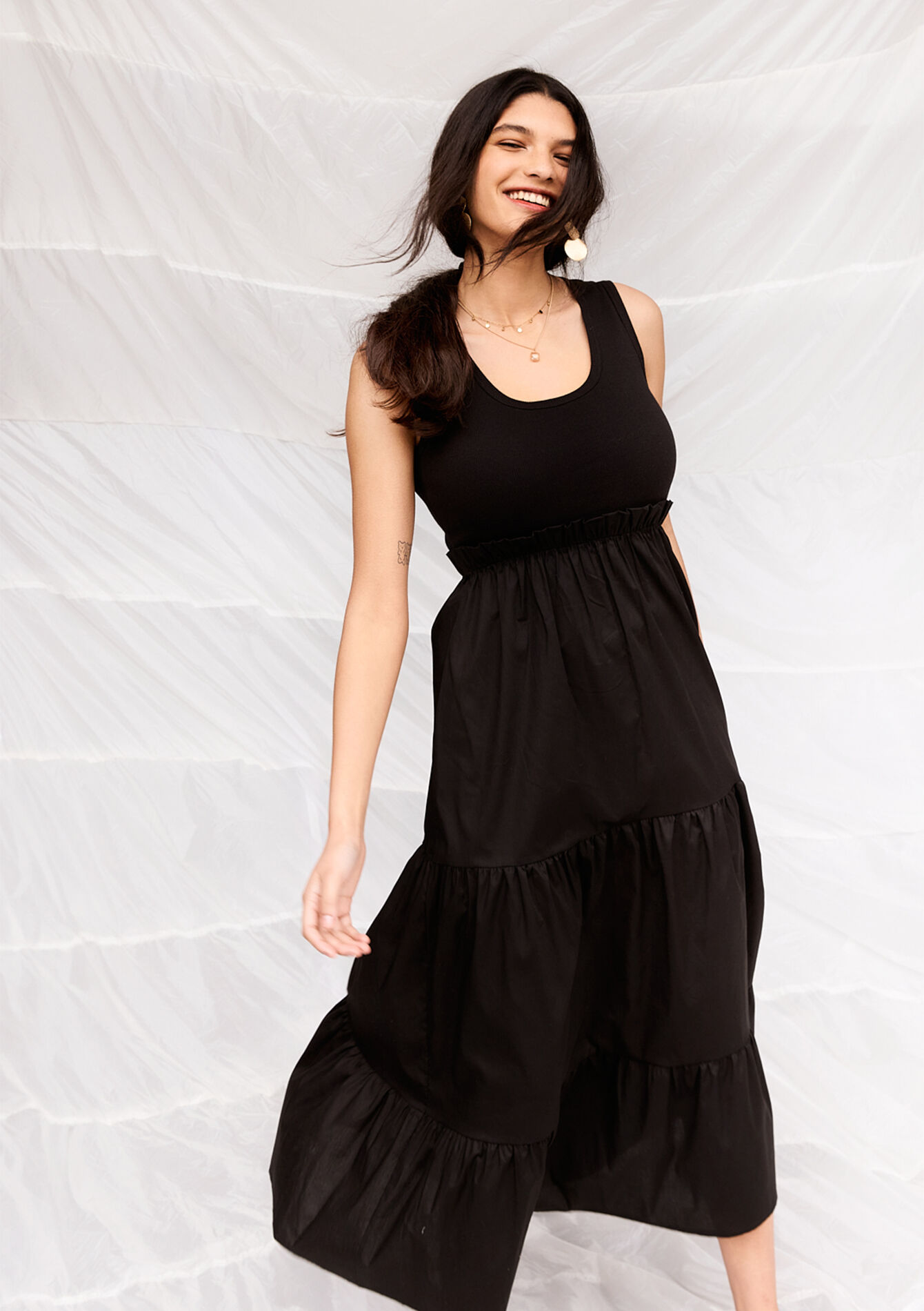 Robe en popeline avec haut côtelé, undefined - BLACK - undefined