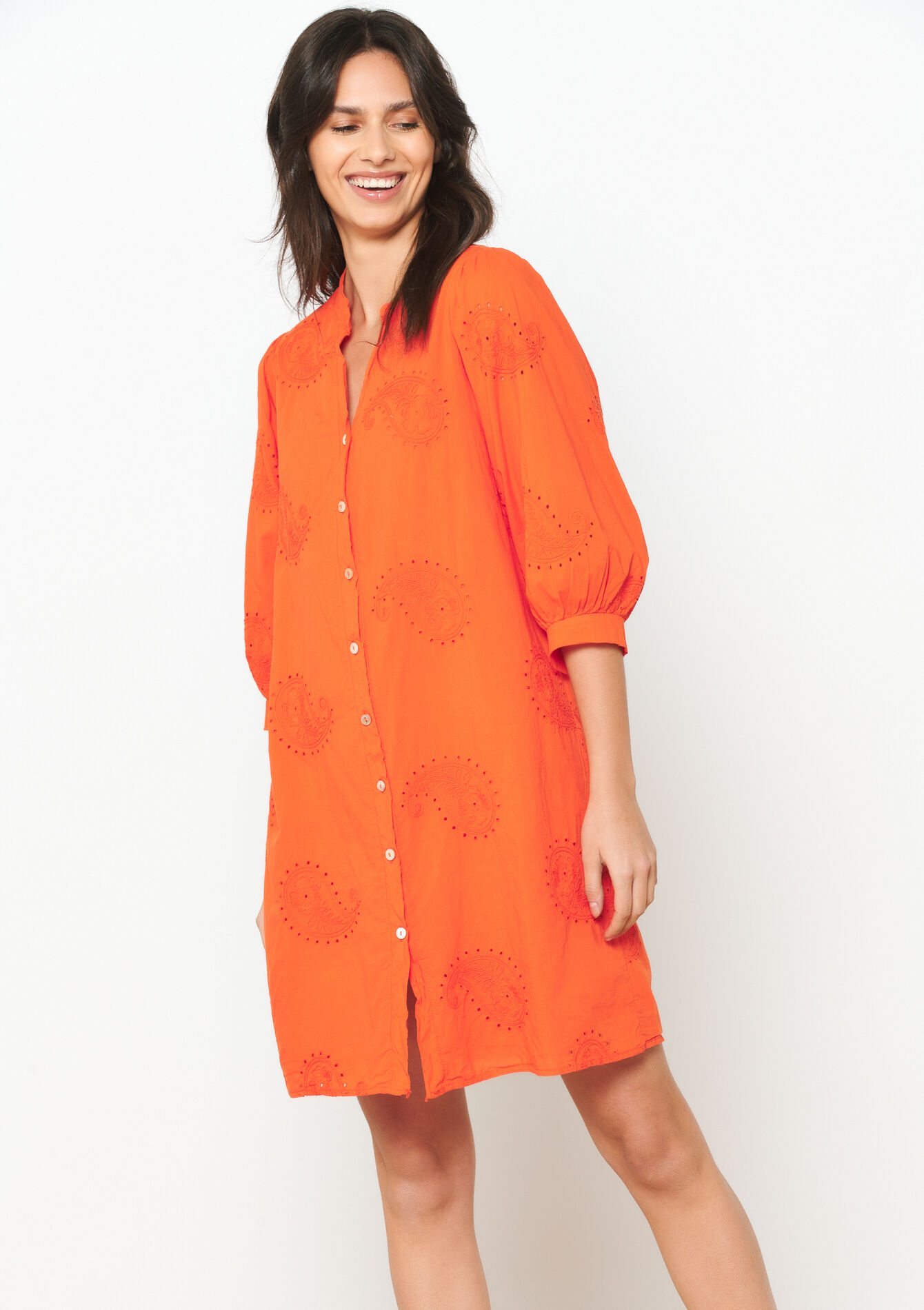 Shirt dress with embroidery, undefined - ORANGE BRIGHT - undefined