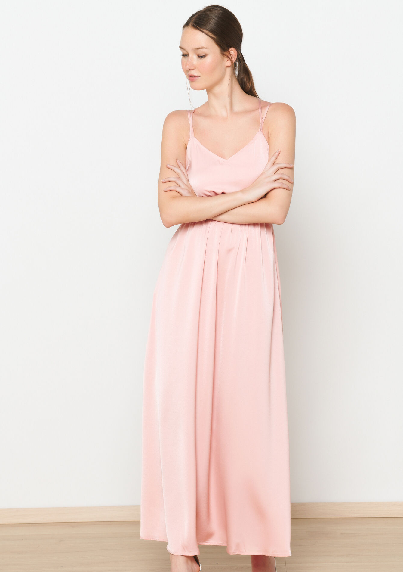Robe longue en satin, Robe longue en satin - PASTEL PEACH - 08103780_1974