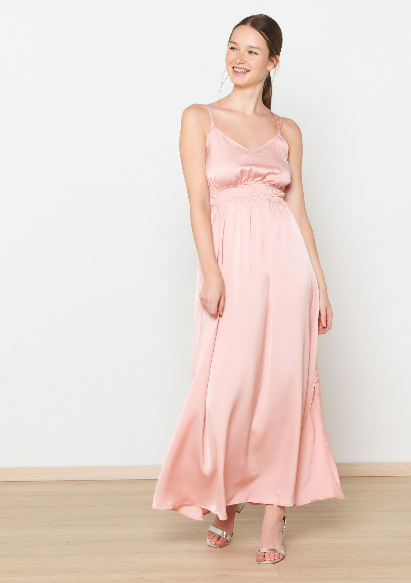 Robe longue en satin, Robe longue en satin - PASTEL PEACH - 08103780_1974