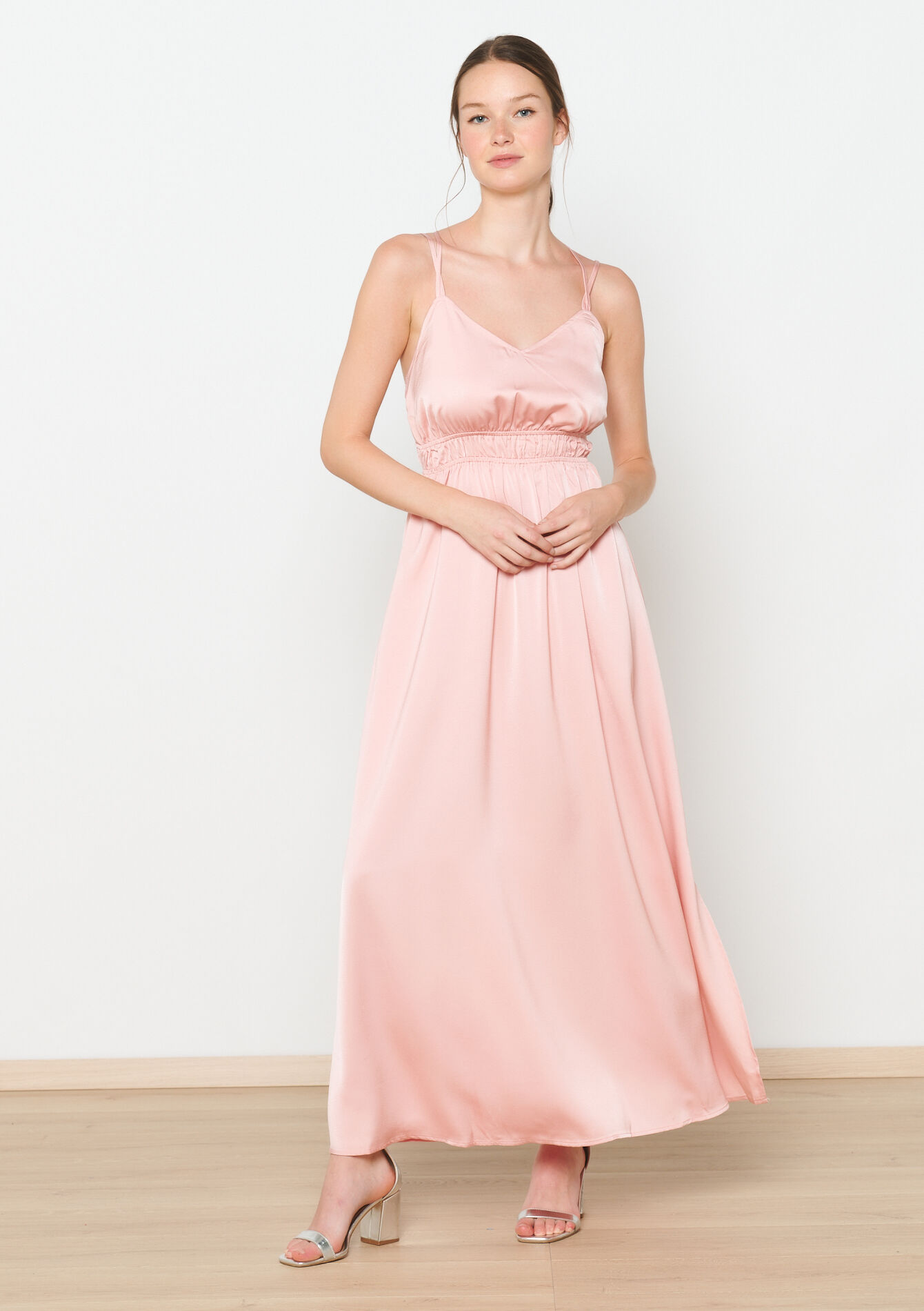 Robe longue en satin, Robe longue en satin - PASTEL PEACH - 08103780_1974