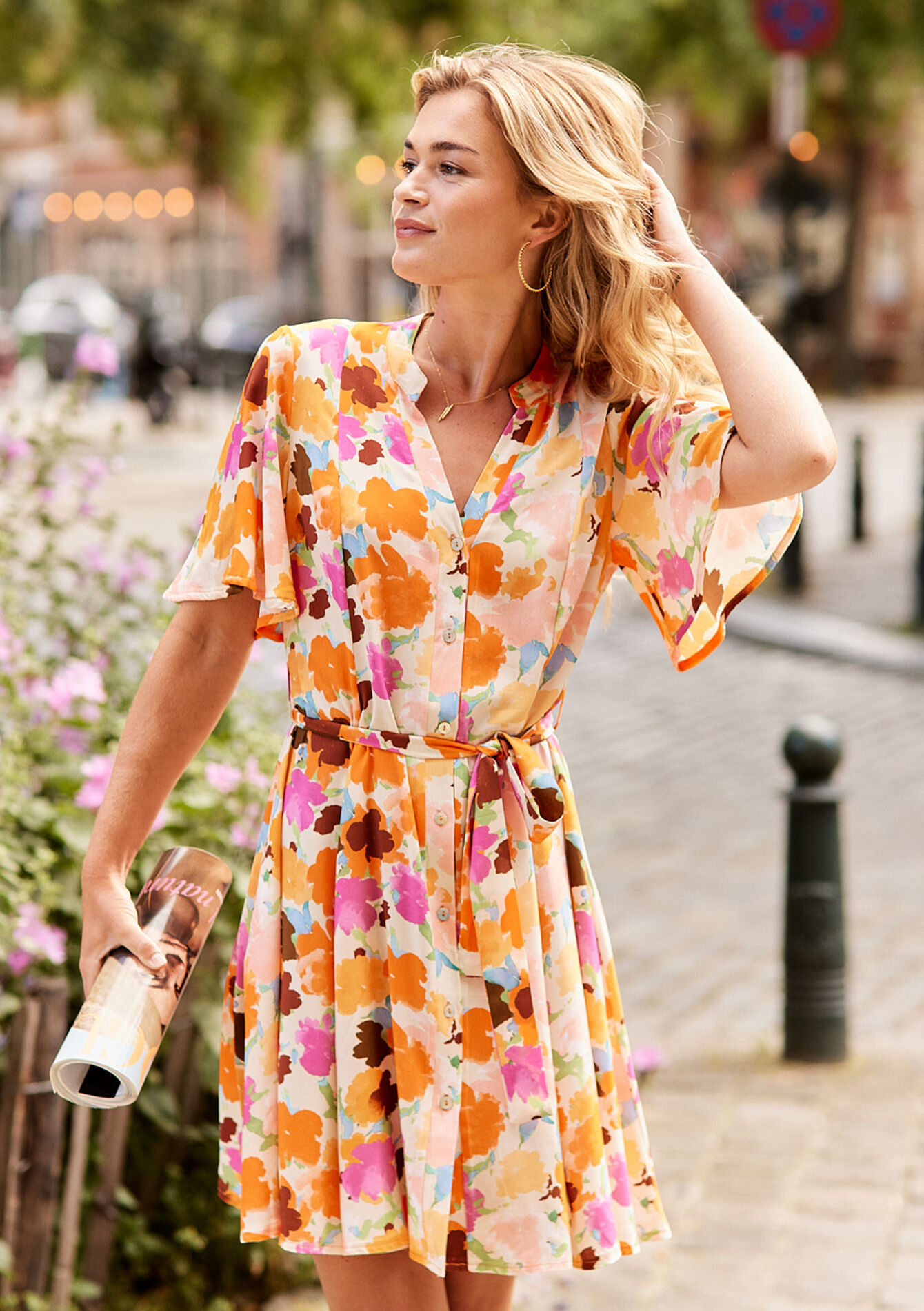 Flower print shirt dress, undefined - ORANGE MANGO - undefined