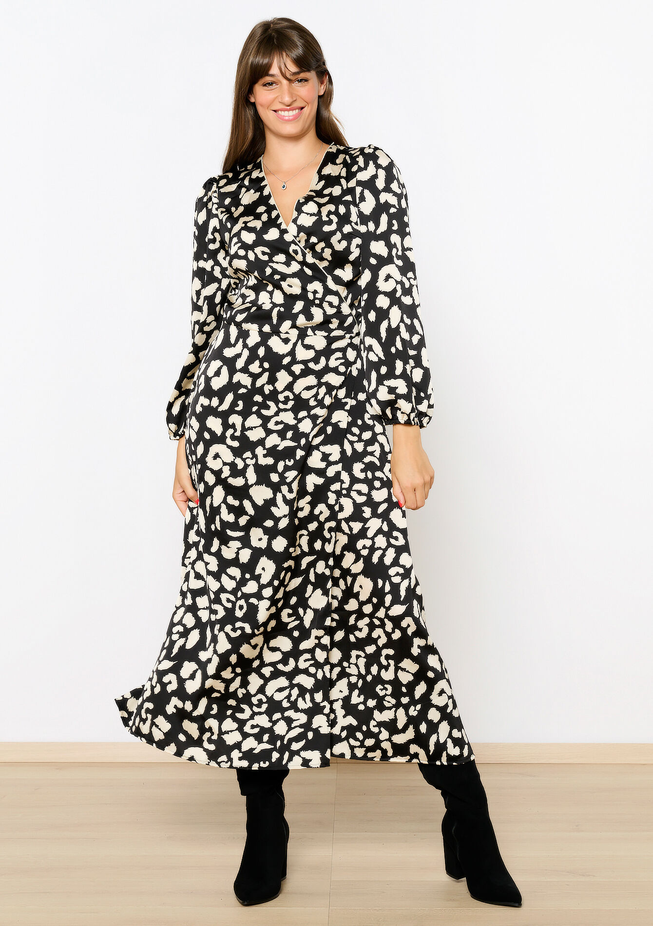 Satin wrap dress with leopard print, Satin wrap dress with leopard print - BLACK - 08103833_1119