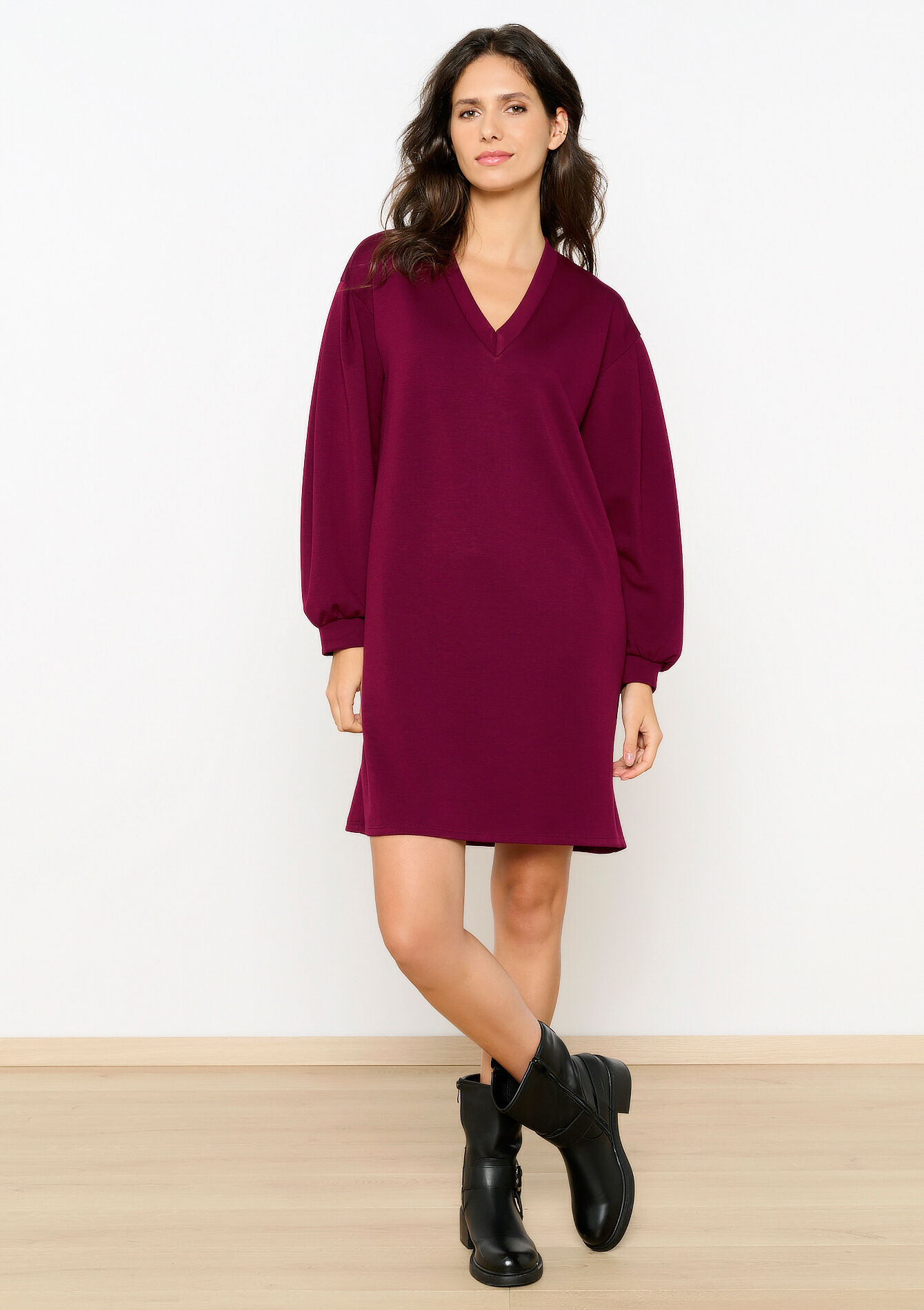 Robe sweat à col V, undefined - BORDEAU WINE - undefined