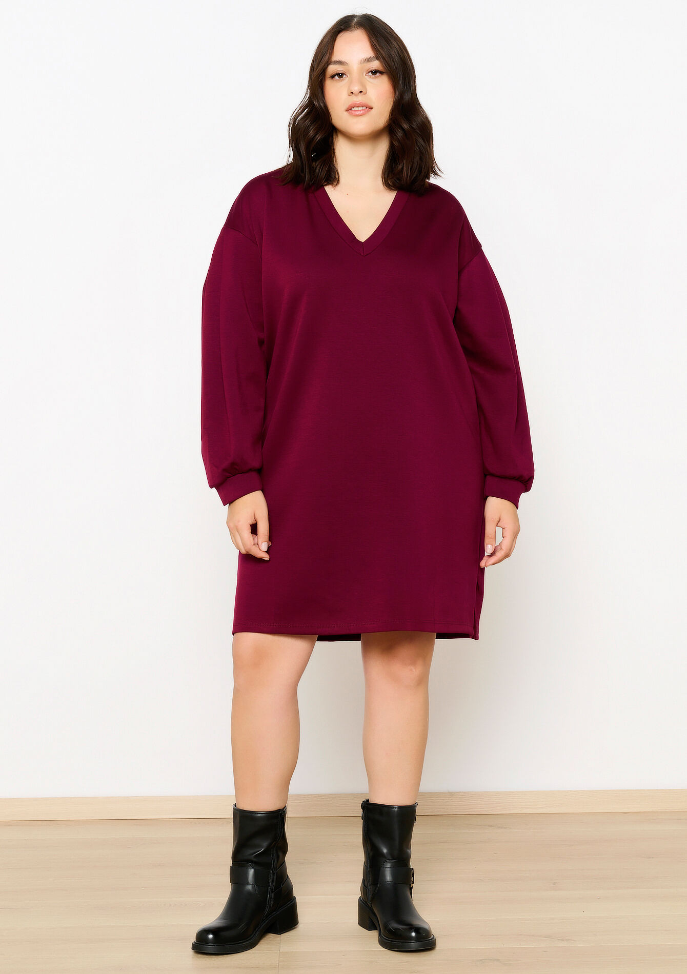 Robe sweat à col V, Robe sweat à col V - BORDEAU WINE - 08103896_1467