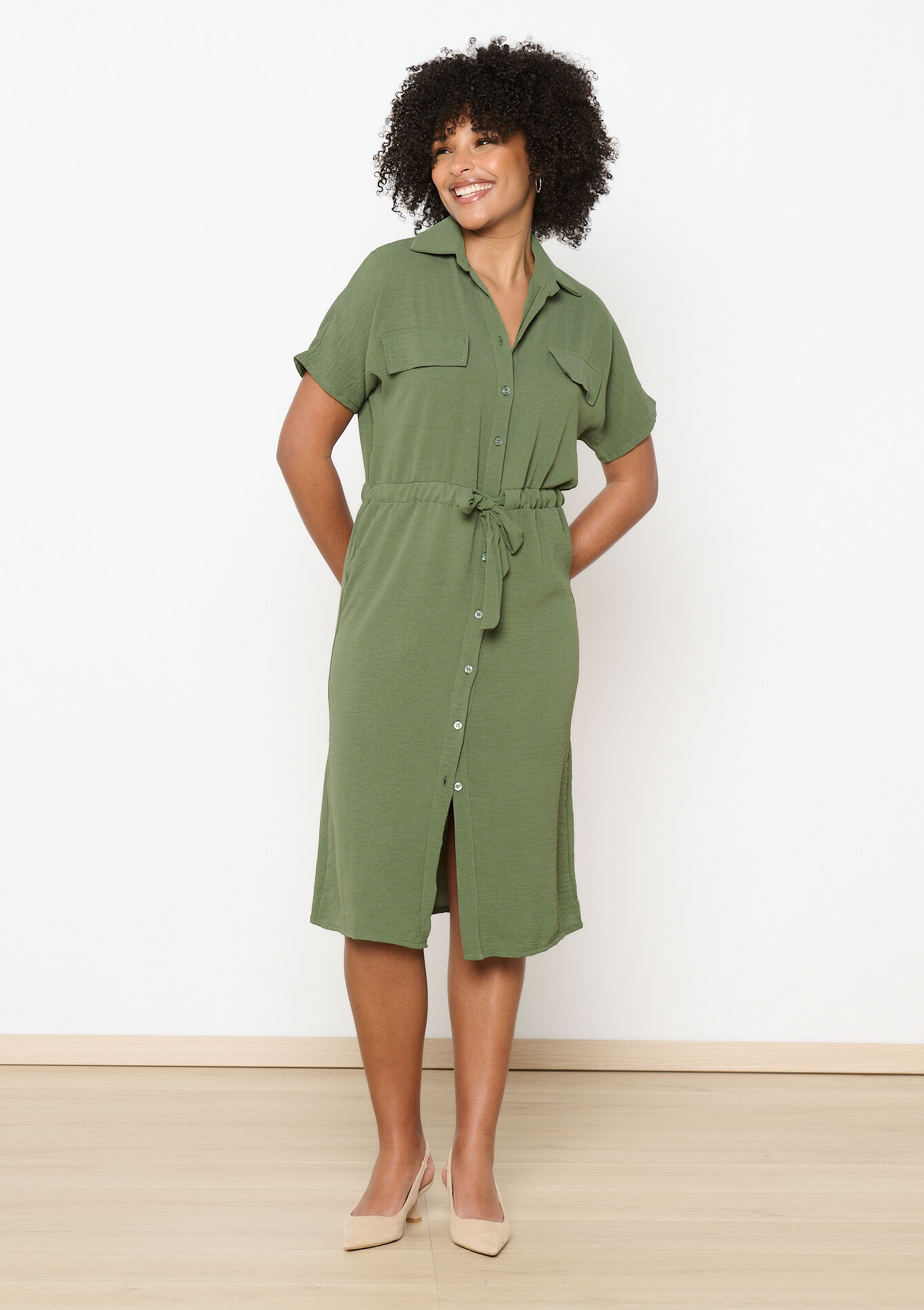 Midi hemdjurk, Midi hemdjurk - KHAKI MED - 08104038_4327