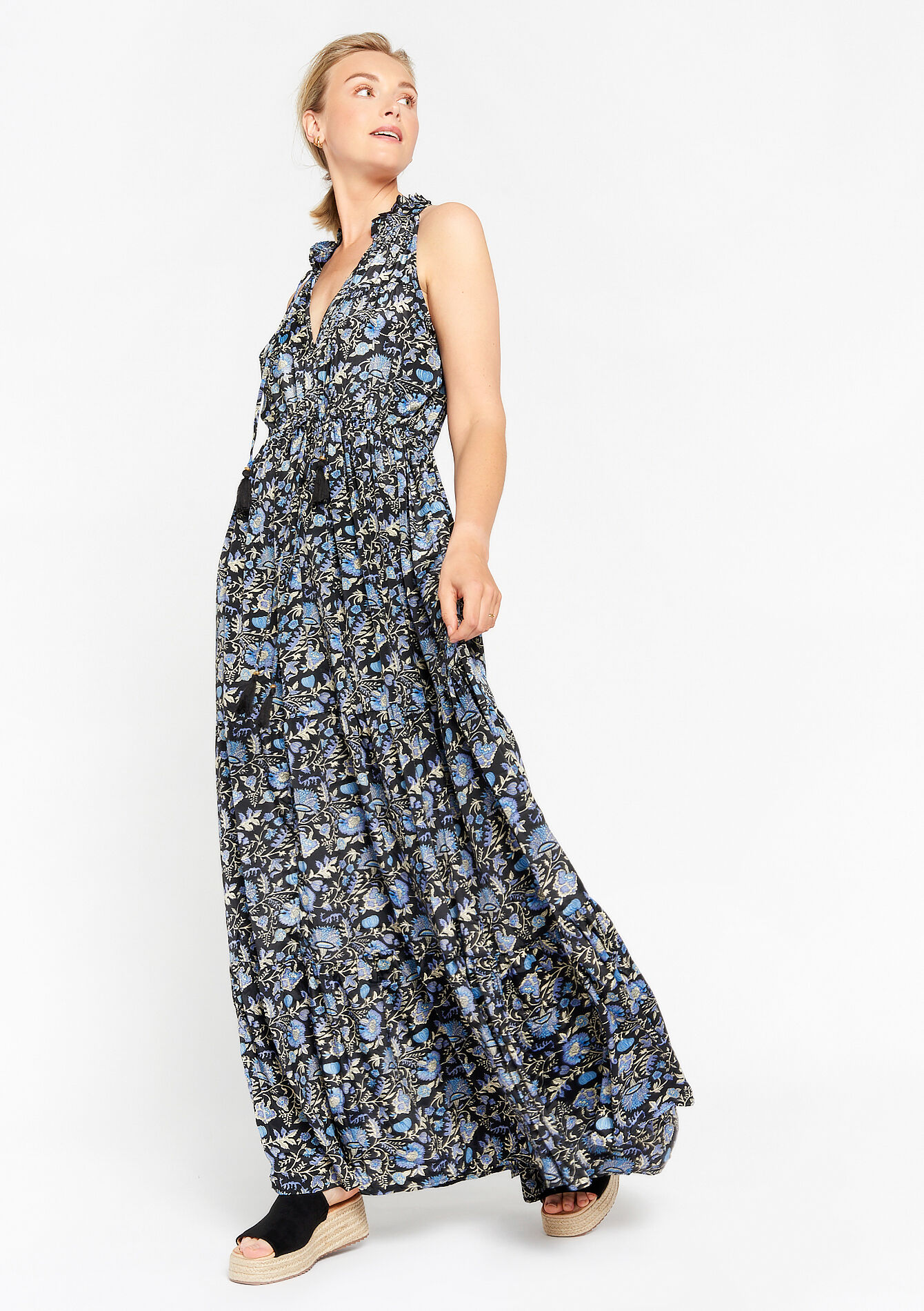 Sleeveless dress with floral print, undefined - BLUE FAIENCE - undefined