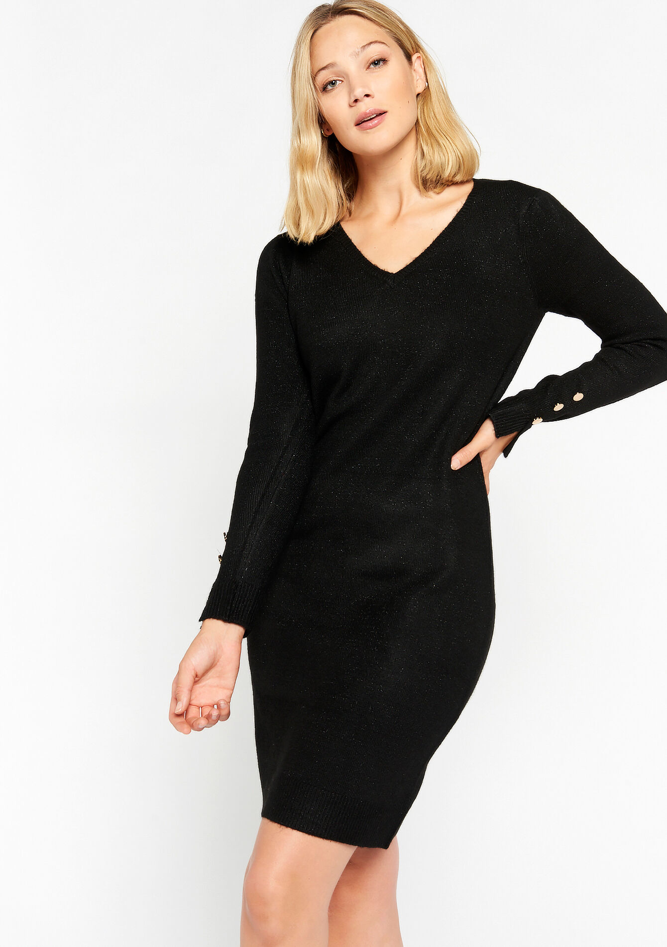 Robe pullover col en V, undefined - BLACK - undefined
