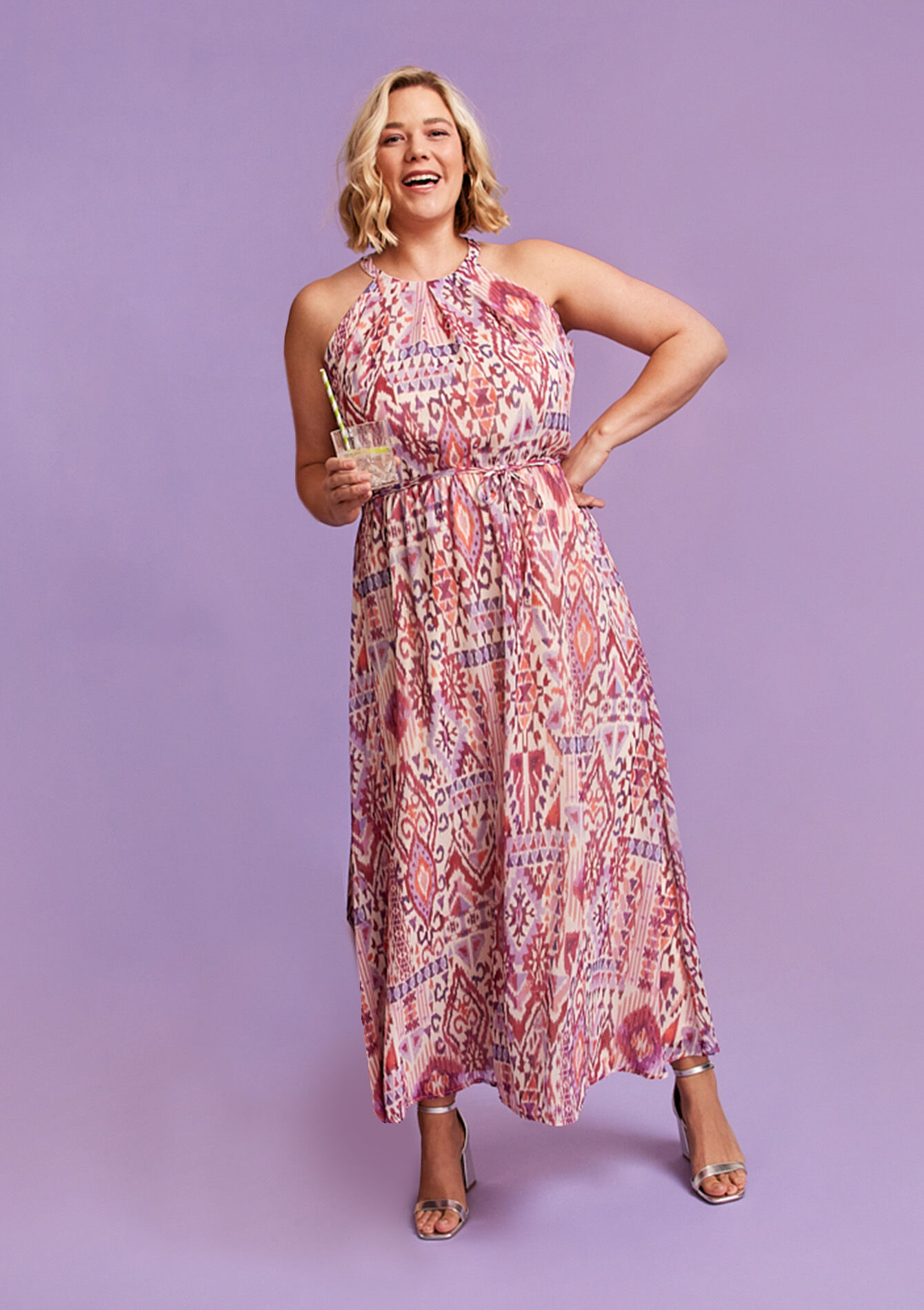 Maxi halter dress with ikat, undefined - FUCHSIA - undefined