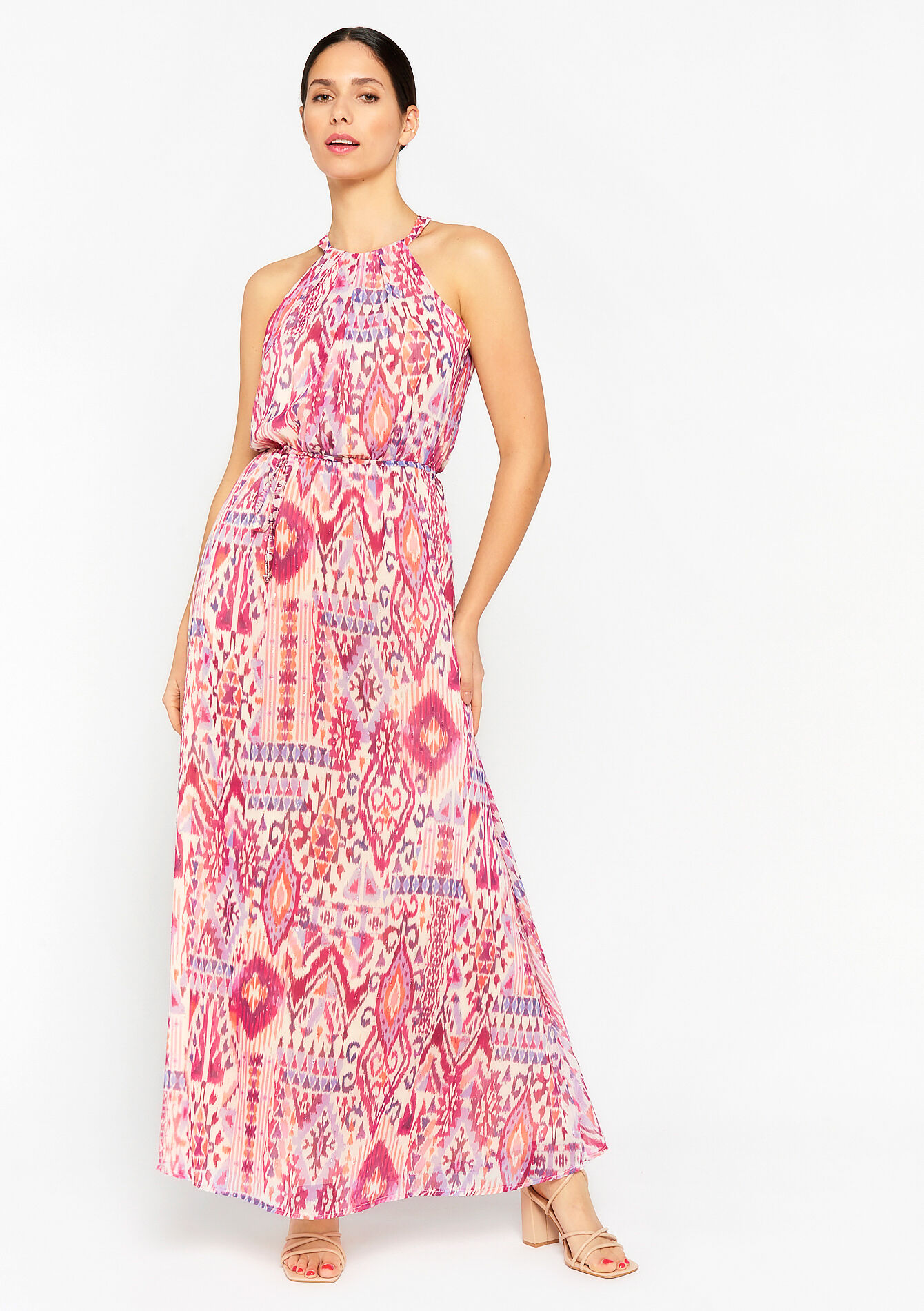 Maxi halter dress with ikat, undefined - FUCHSIA - undefined