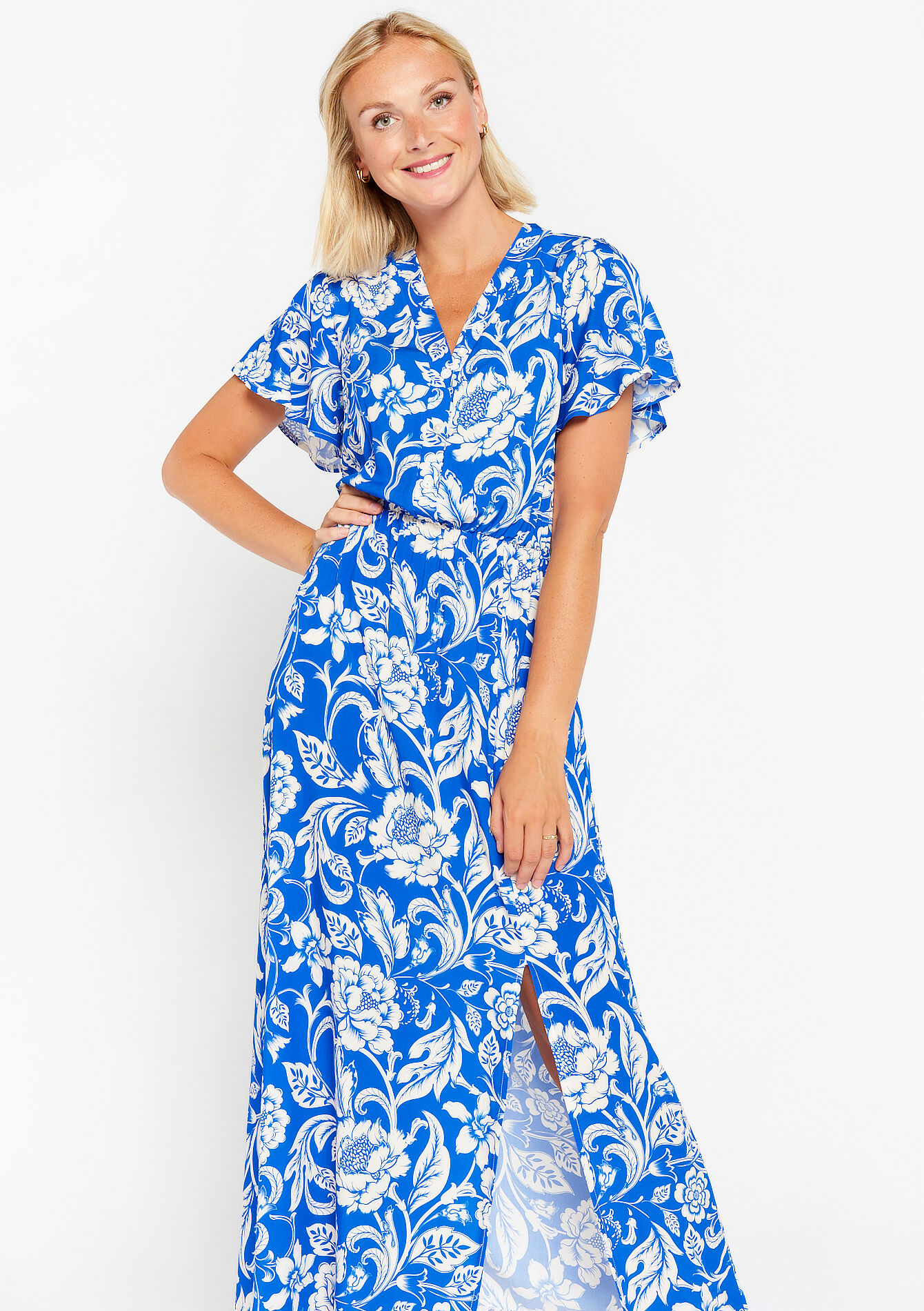 Lange jurk met bloemenprint, undefined - ELECTRIC BLUE - undefined