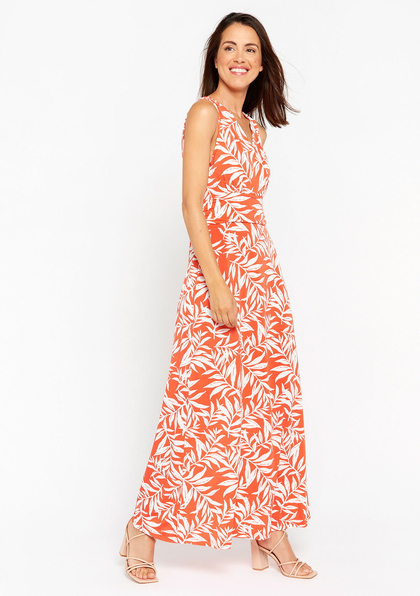 Maxi dress with leaf print, undefined - CORAL BRIGHT - undefined