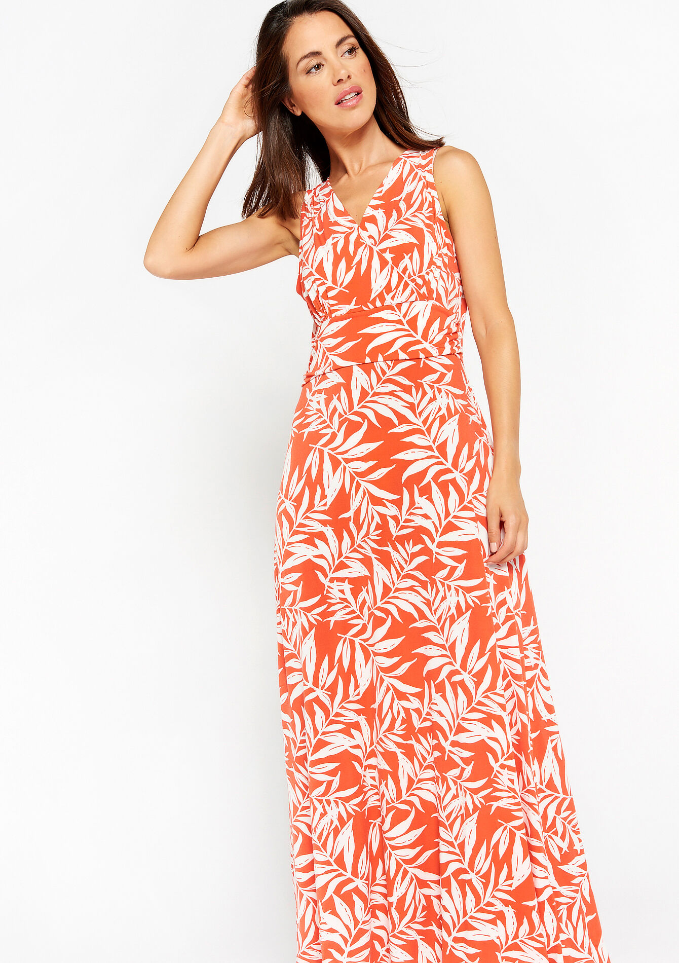 Maxi dress with leaf print, undefined - CORAL BRIGHT - undefined