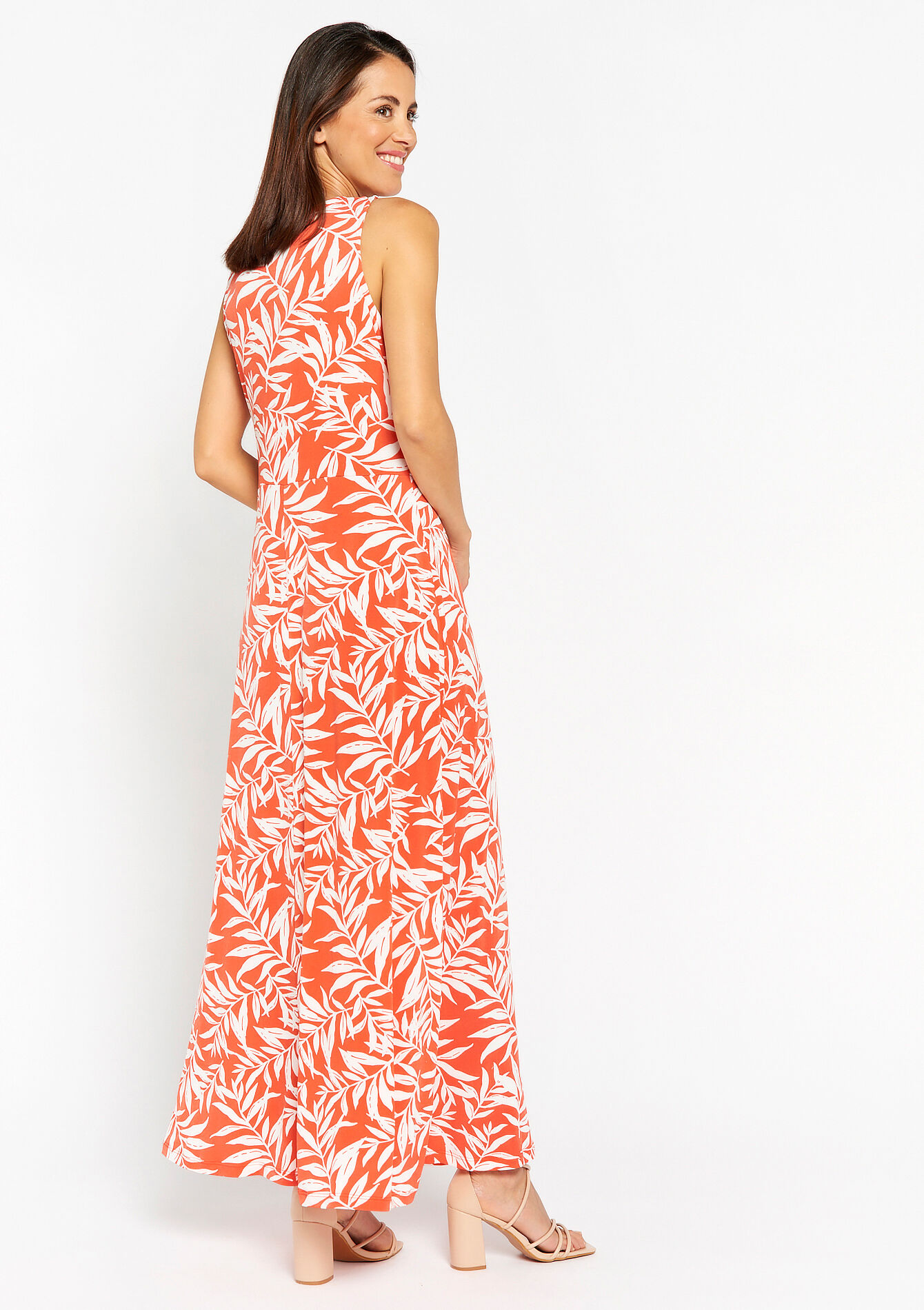 Maxi dress with leaf print, Maxi dress with leaf print - CORAL BRIGHT - 08602161_2007