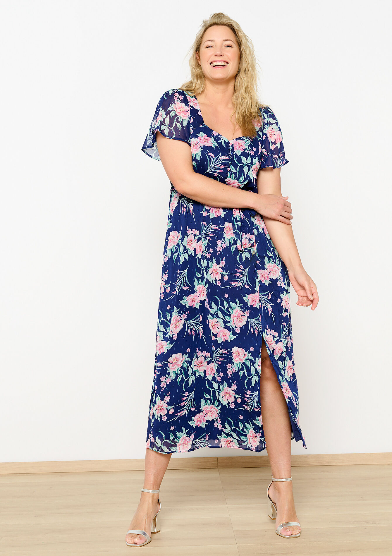 Maxi-jurk met lurex bloemen, Maxi-jurk met lurex bloemen - NAVY BASIC - 08602211_2723