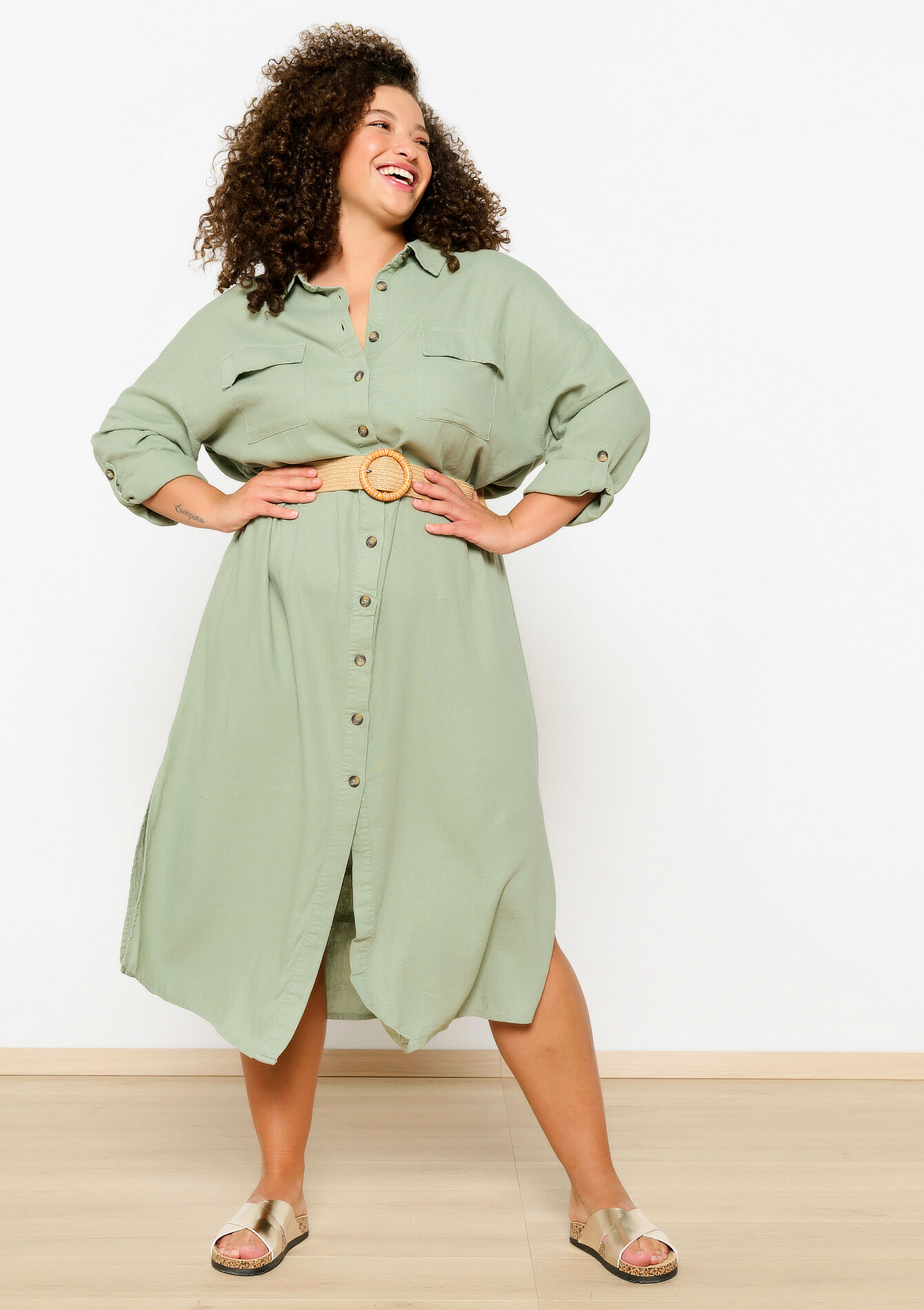 Linnen hemdjurk met ceintuur, Linnen hemdjurk met ceintuur - KHAKI FADED - 08602218_4326