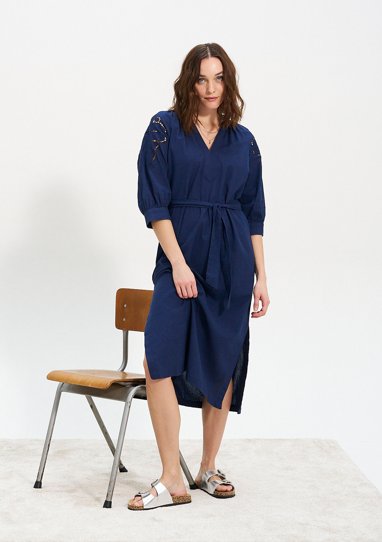 Midi dress with embroidery detail, undefined - NAVY BASIC - undefined